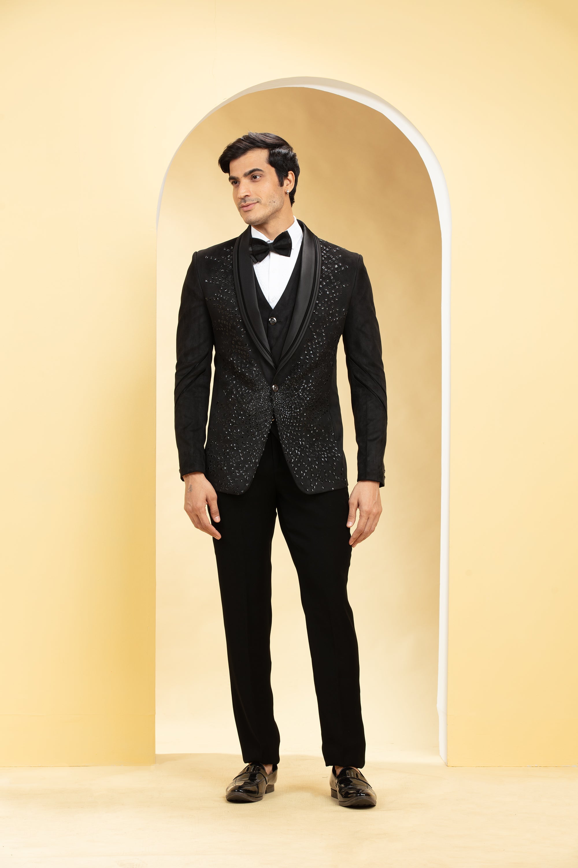 Sable Black Suede Tuxedo Set and Bow tie with Self cutdana work