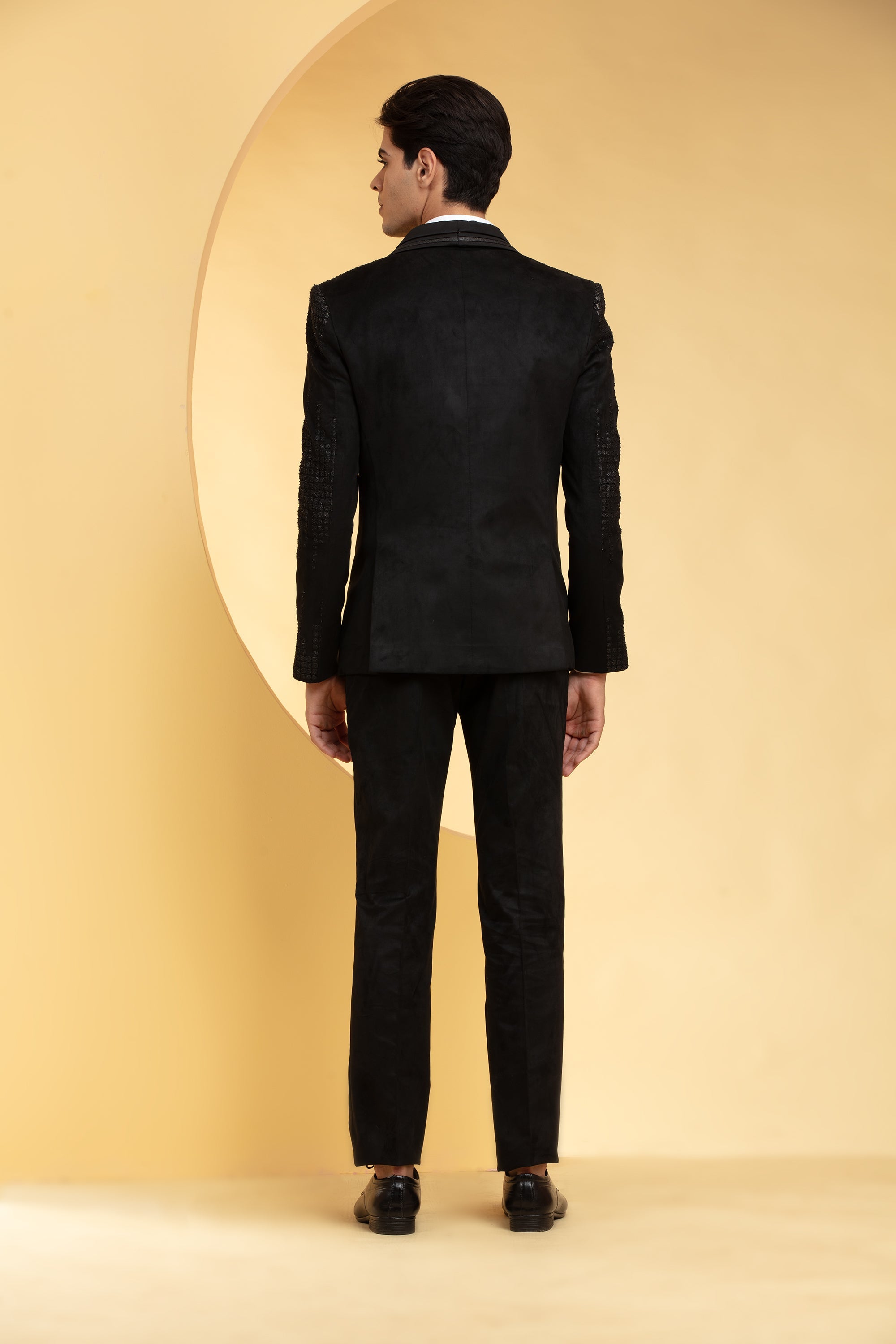 Phantom Black Suede Tuxedo Set and Bow tie with Self cutdana work