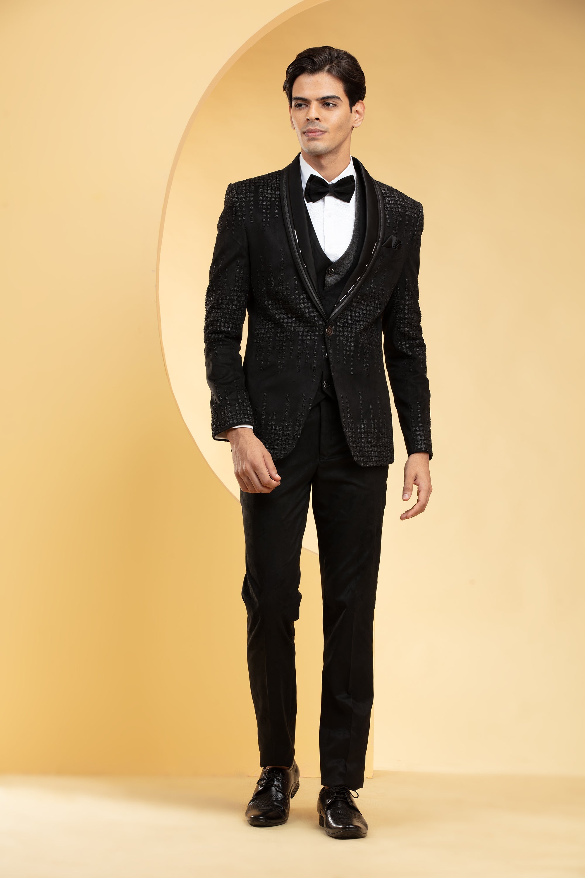 Phantom Black Suede Tuxedo Set and Bow tie with Self cutdana work