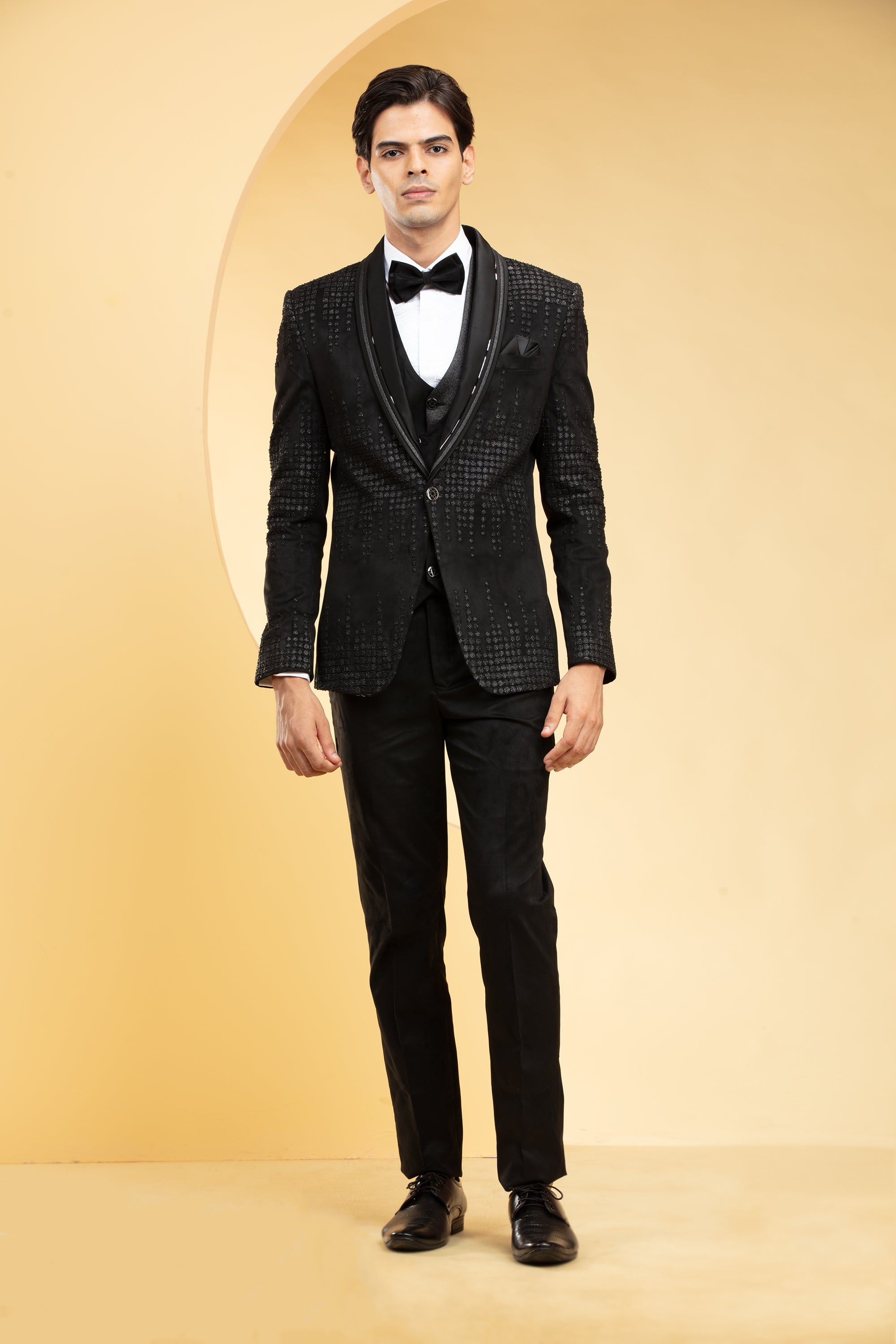 Phantom Black Suede Tuxedo Set and Bow tie with Self cutdana work