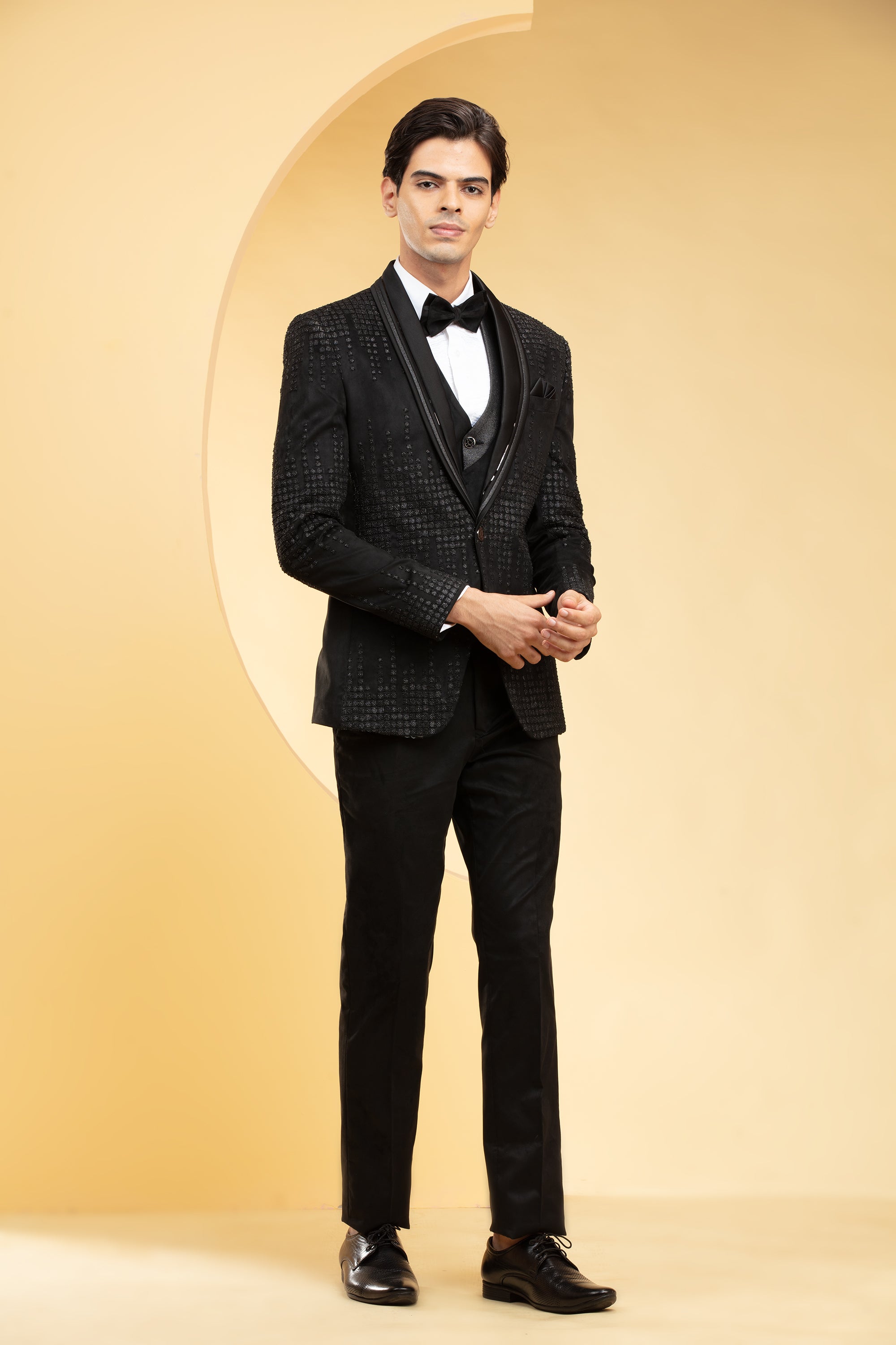 Phantom Black Suede Tuxedo Set and Bow tie with Self cutdana work