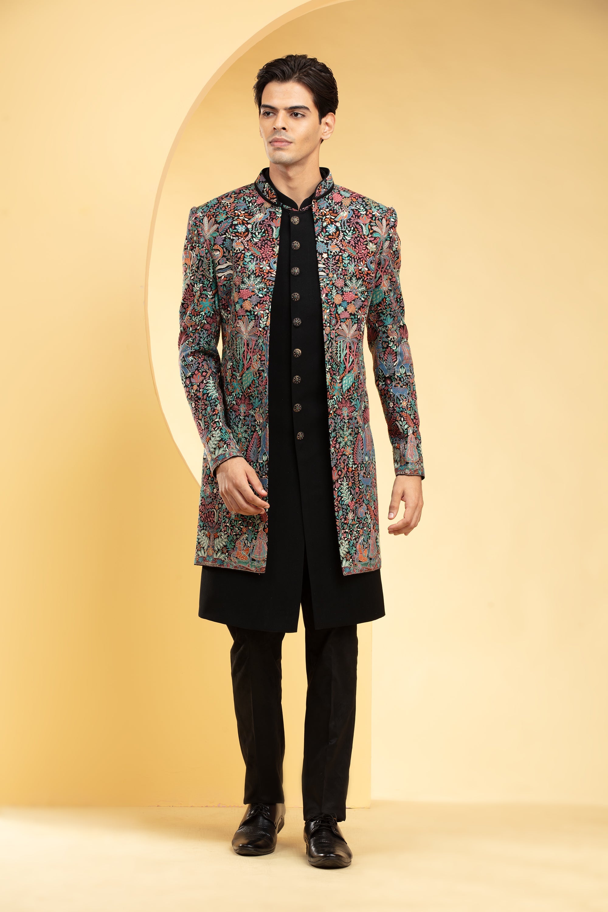 Multicolour Open Indo Western Set with multicolour hand work and metal buttons