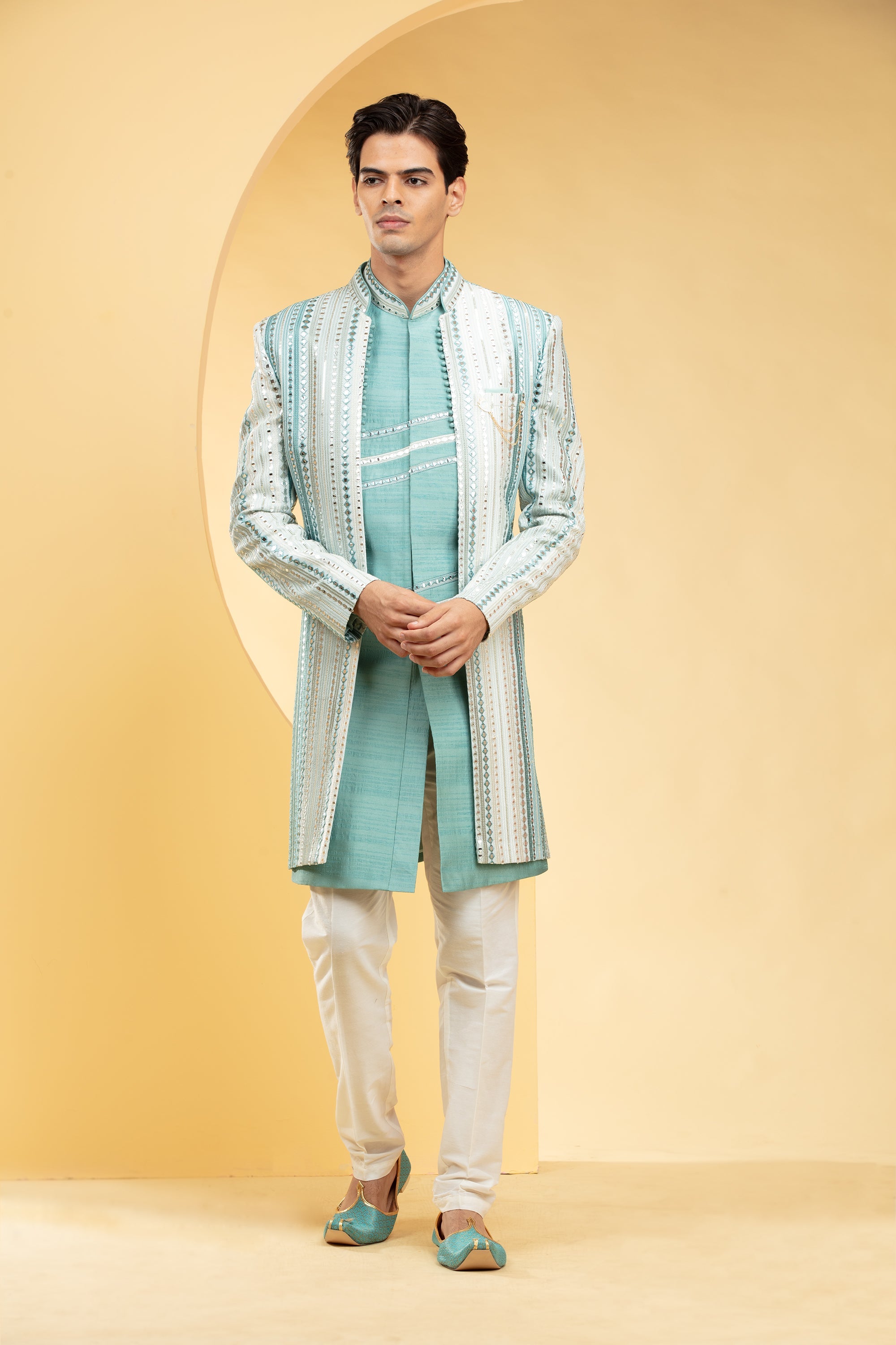 Sky blue & white Open indo western set with mirror & thread work