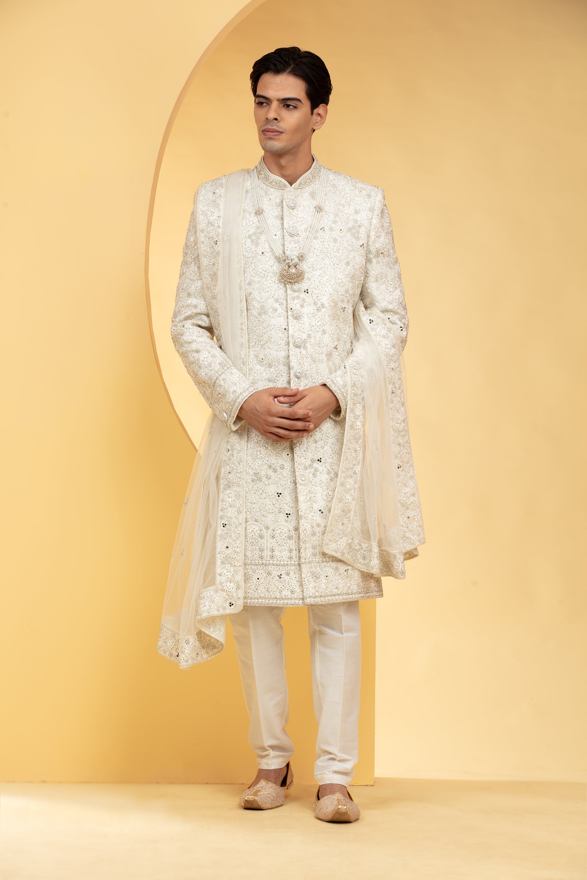 Daisy White printed mirror work sherwani with Net dupatta and embellishments