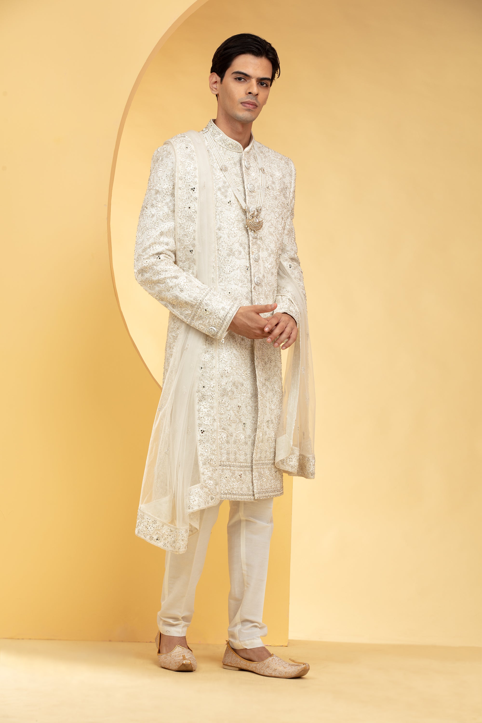 Daisy White printed mirror work sherwani with Net dupatta and embellishments