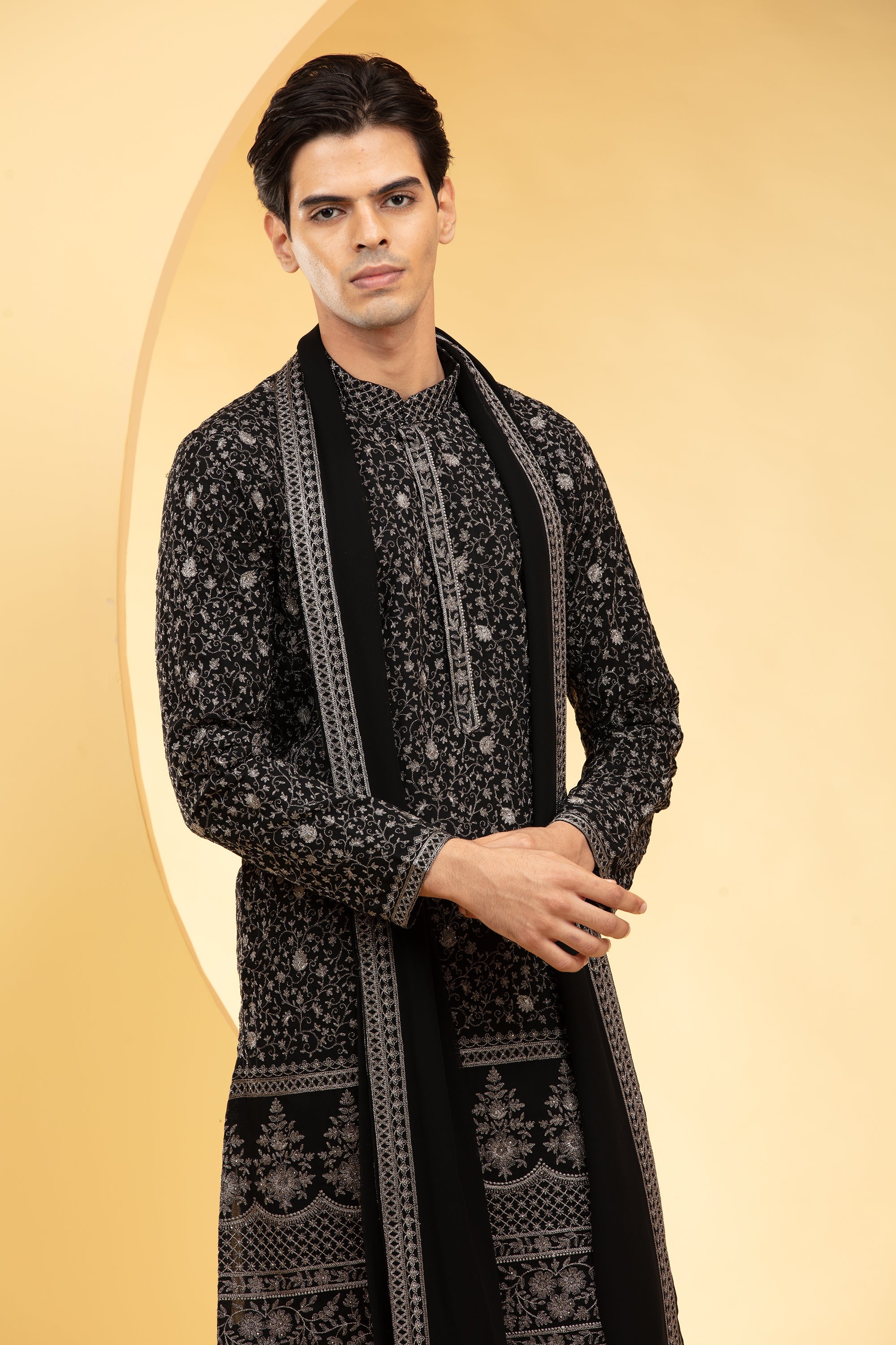 Onyx Black Lucknowi kurta Set with heavy Daman work and matching Dupatta