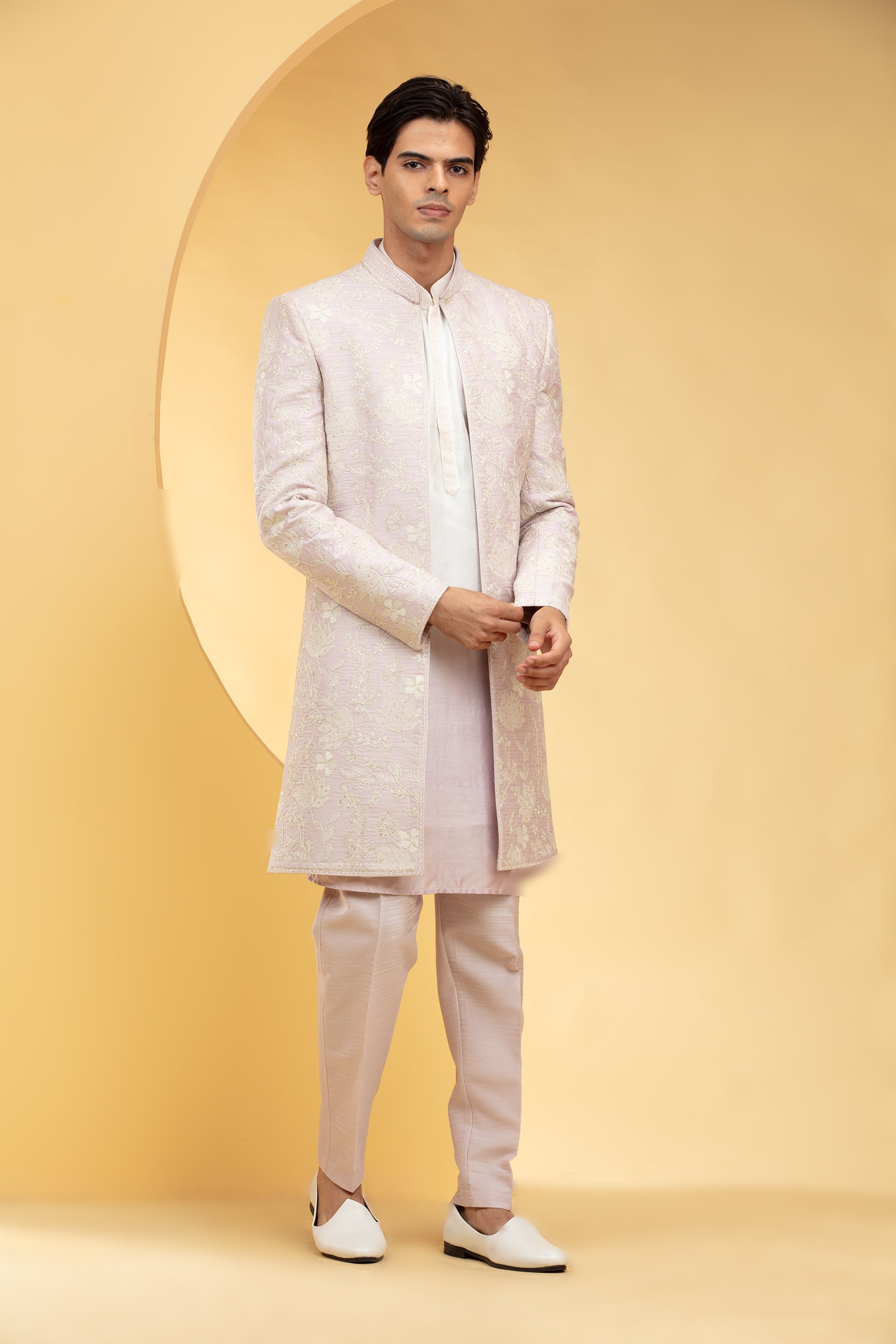 Heavenly Pink Ombre open Indo Western set with all over thread work