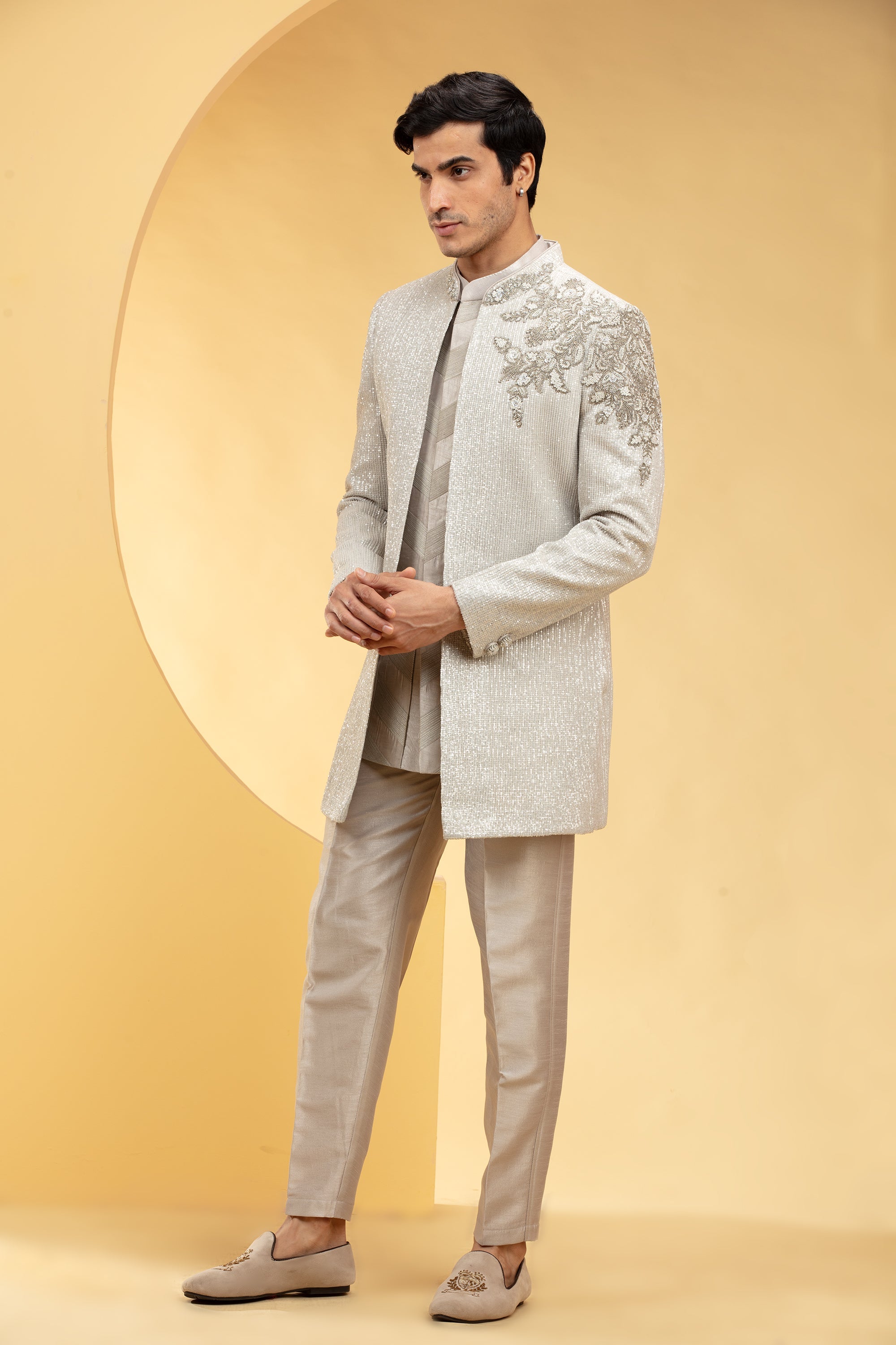 Beige Indo western kurta Set with sequins hand work