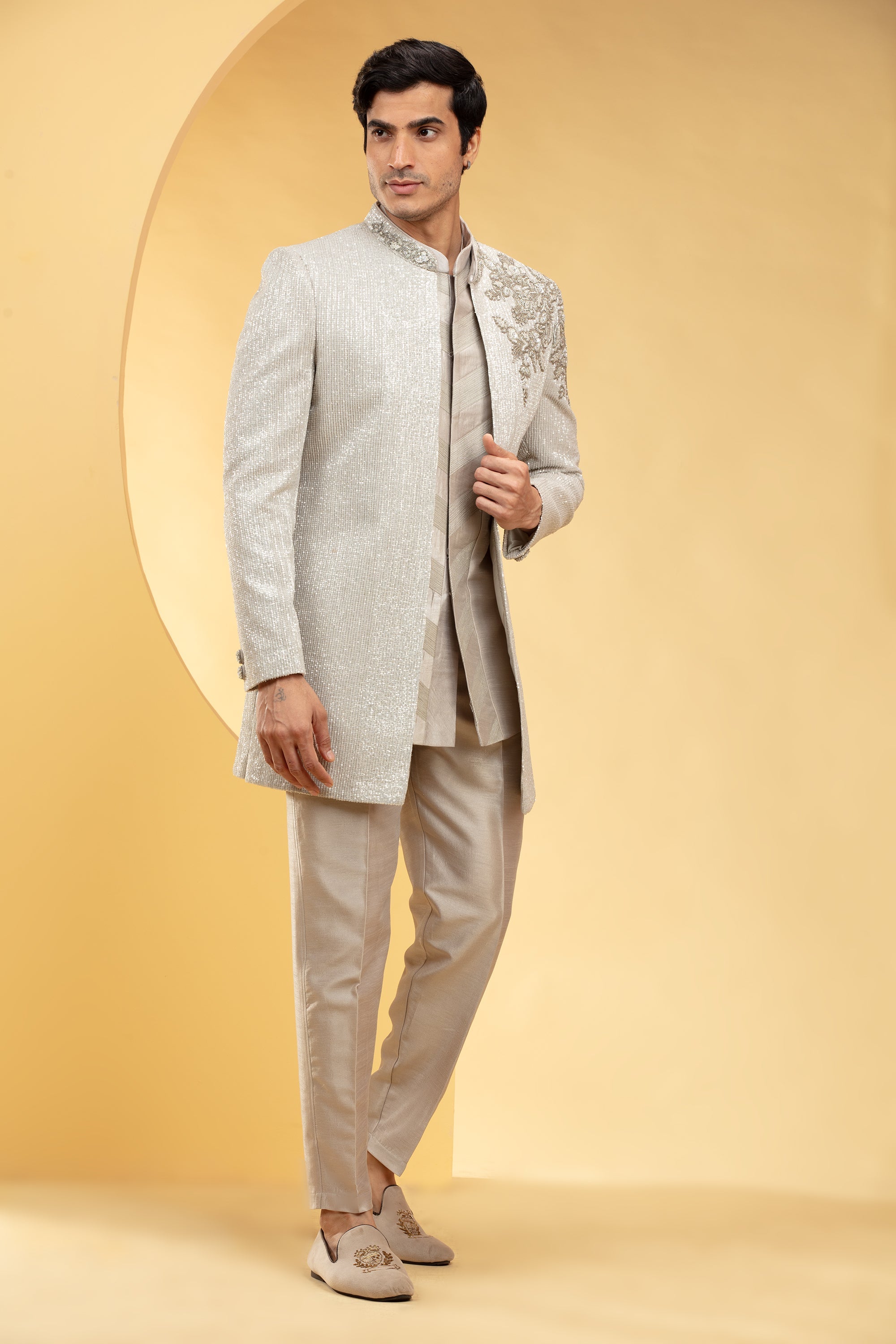 Beige Indo western kurta Set with sequins hand work