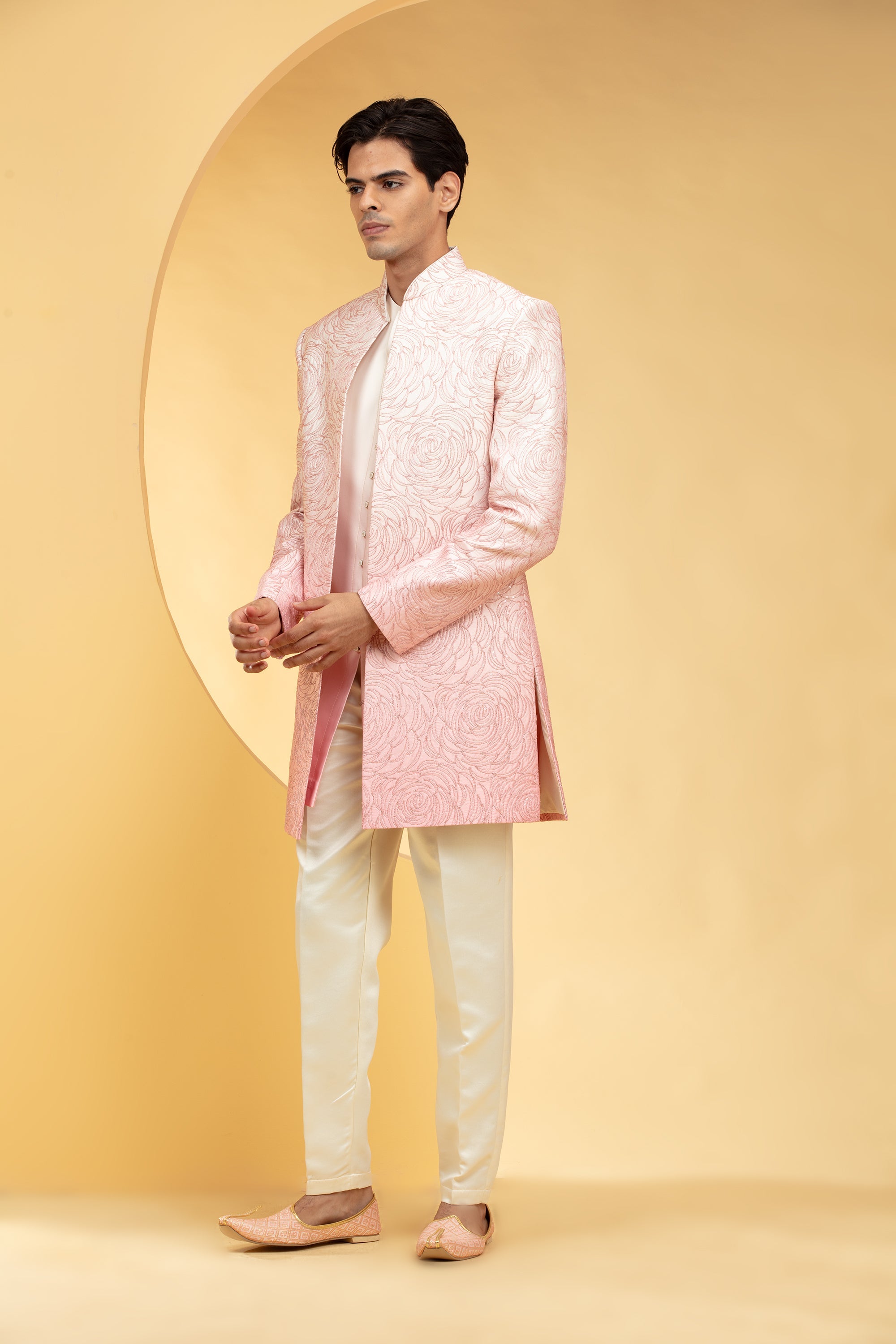 Rose Pink Ombre open Indo Western set with all over thread work