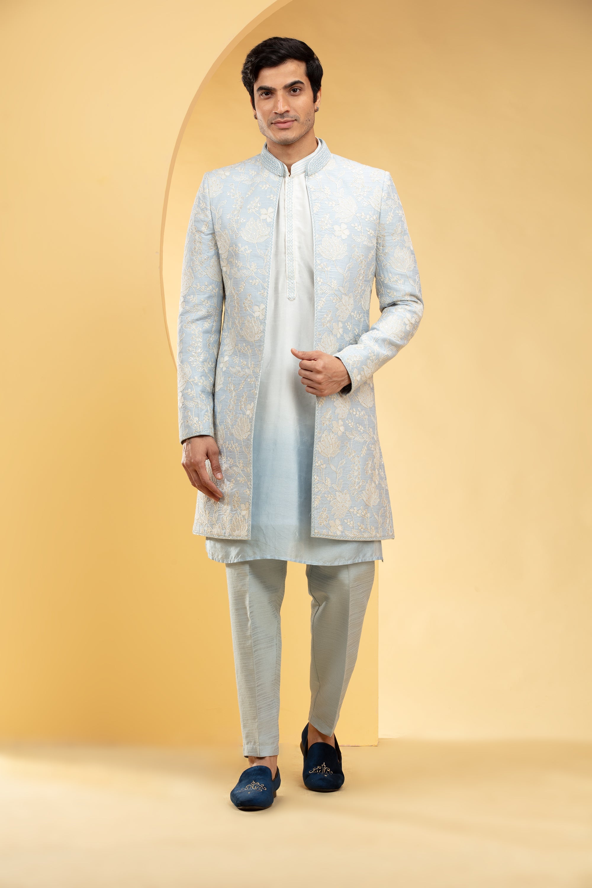 Pastel Blue Ombre open Indo Western set with all over thread work