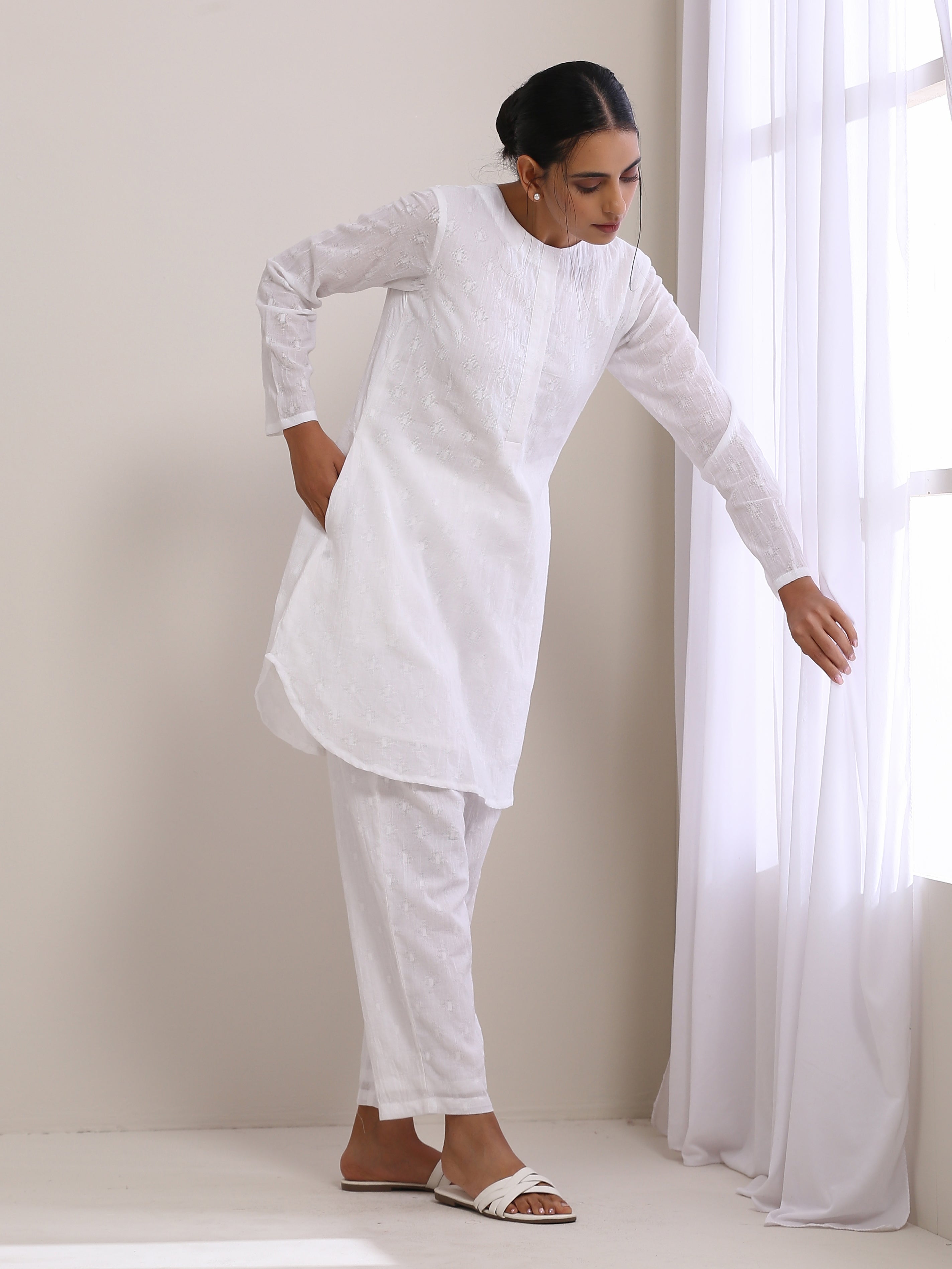 White Dobby Front Placket Co-Ord Set