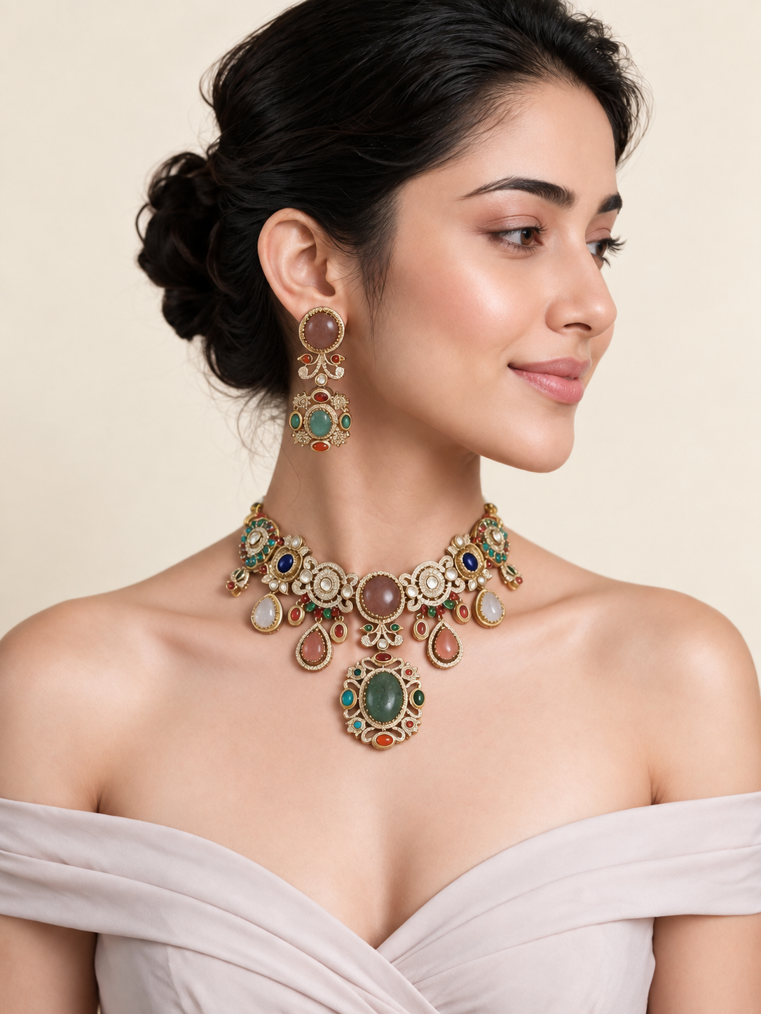 Multicolor Cabochon Statement Necklace Set