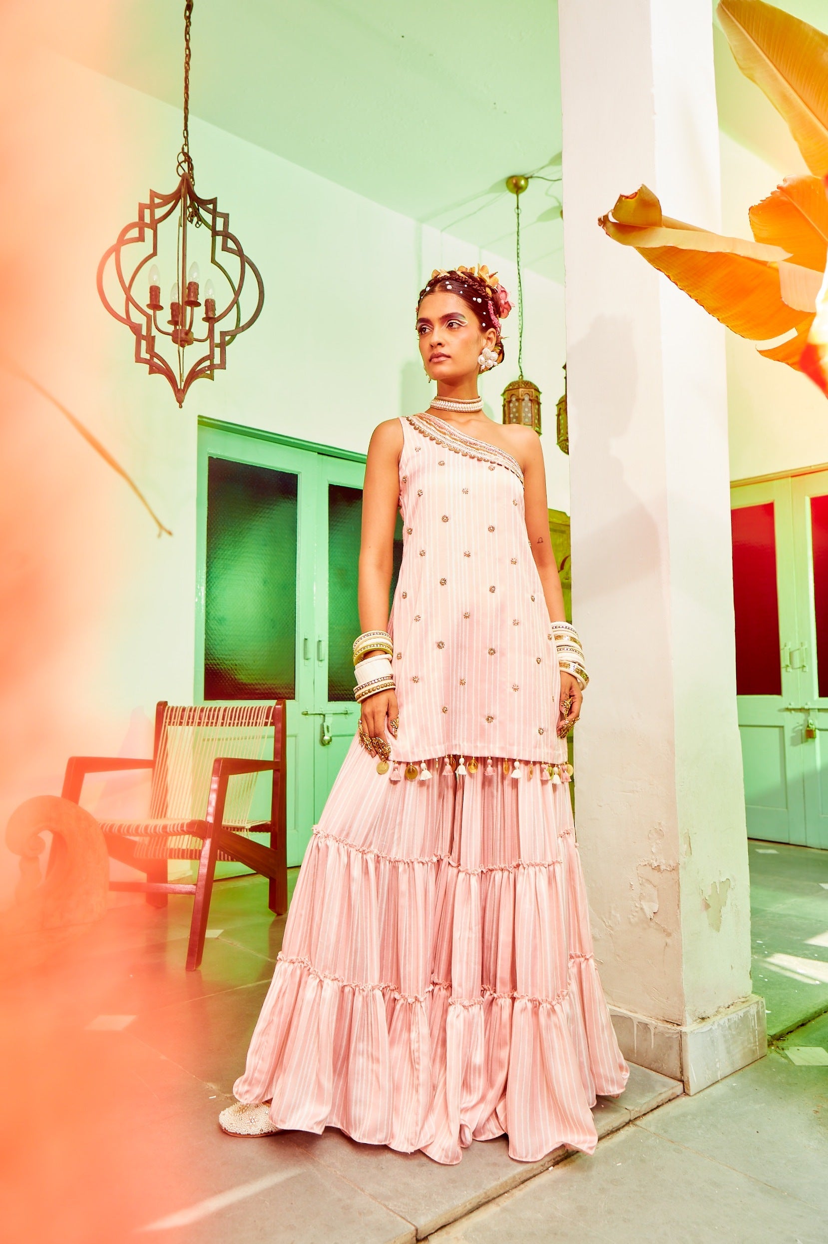 One Shoulder Kurta With Teired Sharara