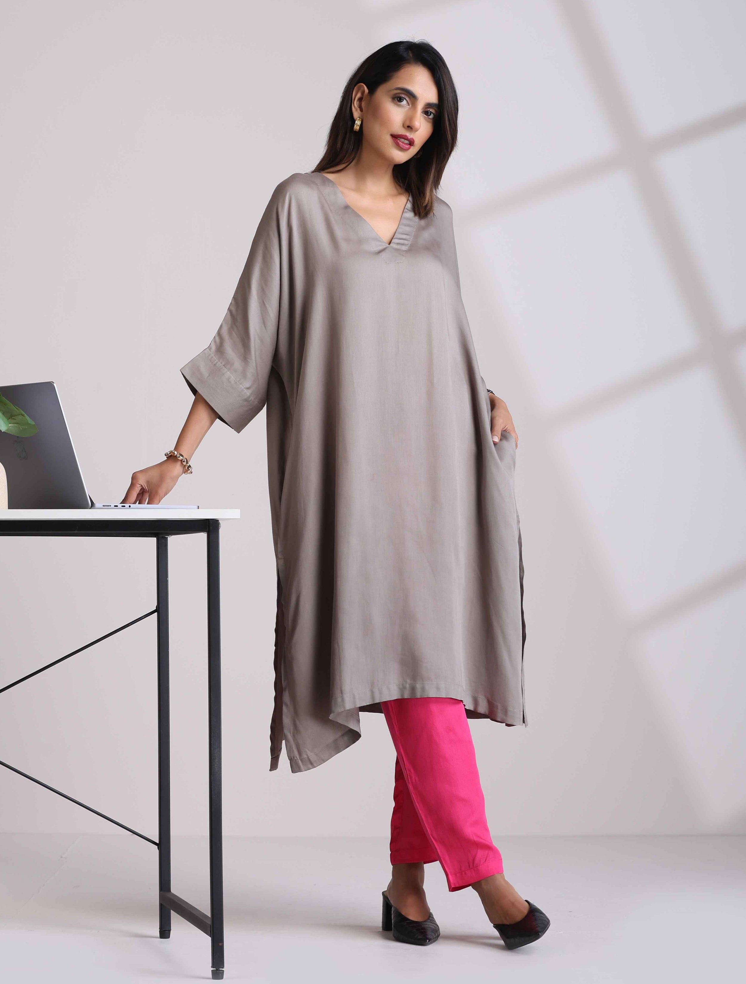 trueBrowns Grey Modal Kimono Kurta Set