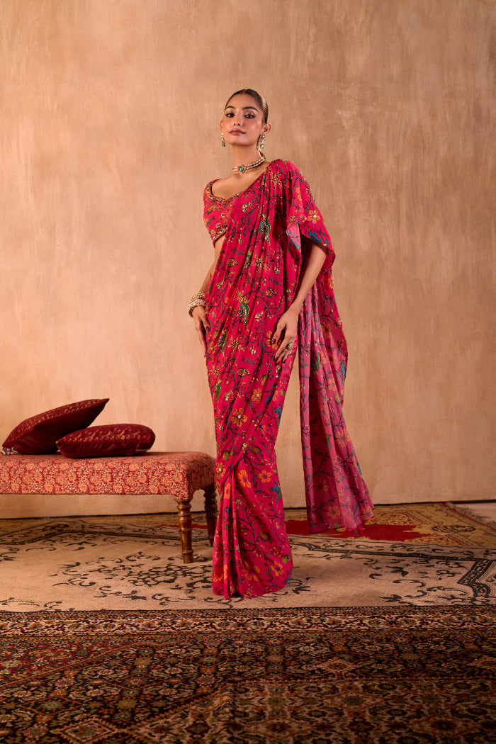 PINK PRINT CHOLI WITH EMBROIDERED SARI SET - image 1