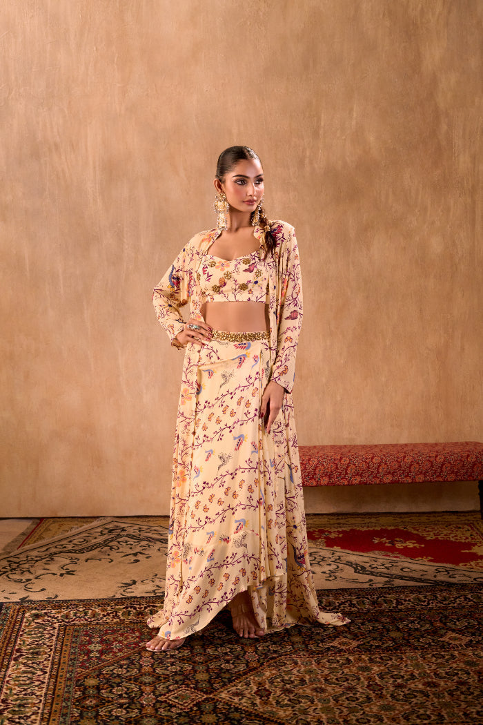 IVORY PRINT EMBROIDERED CHOLI, DRAPED SKIRT AND JACKET SET - image 1