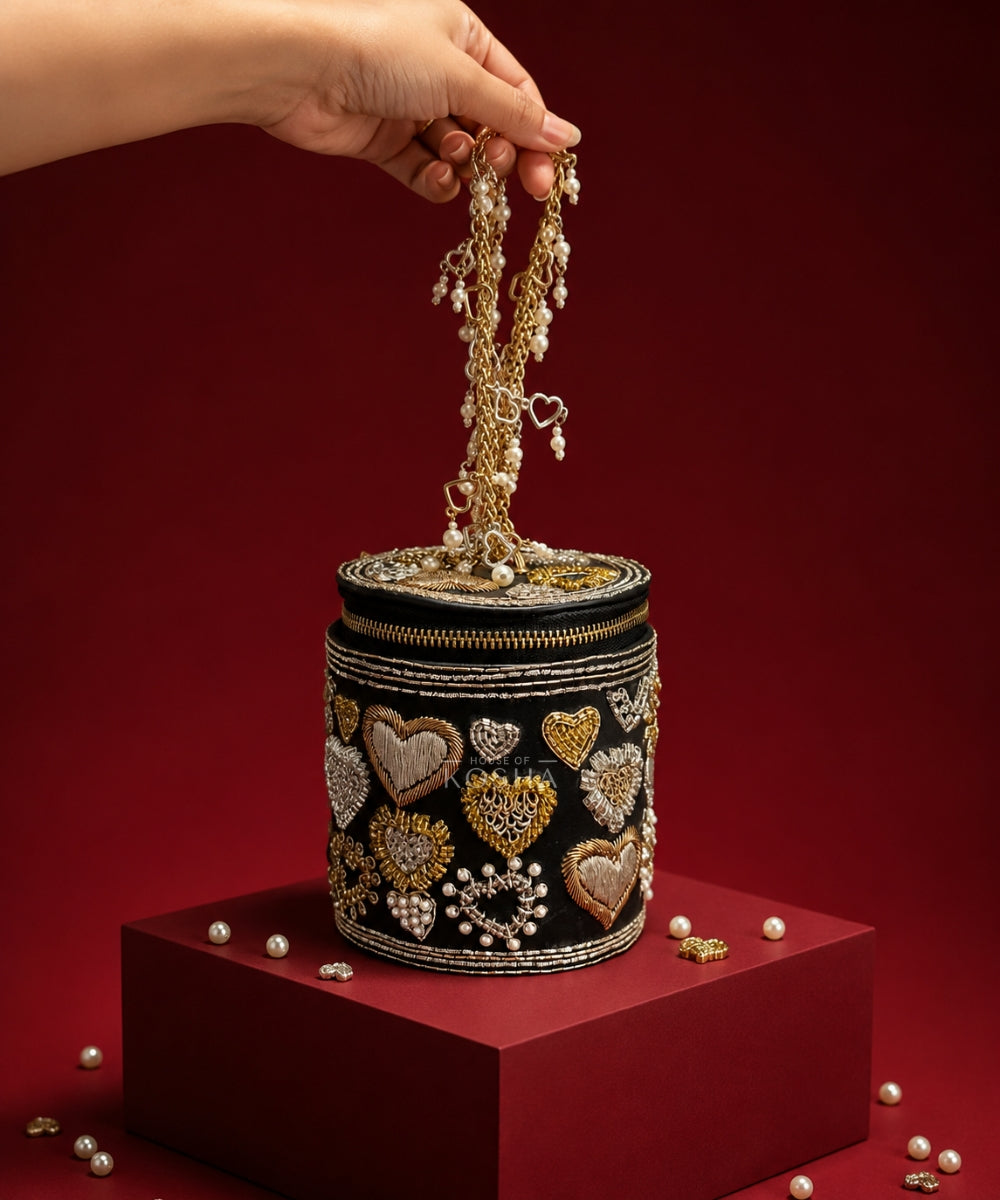 Malika Black Leather Embroidered Cylinder Mini Bag