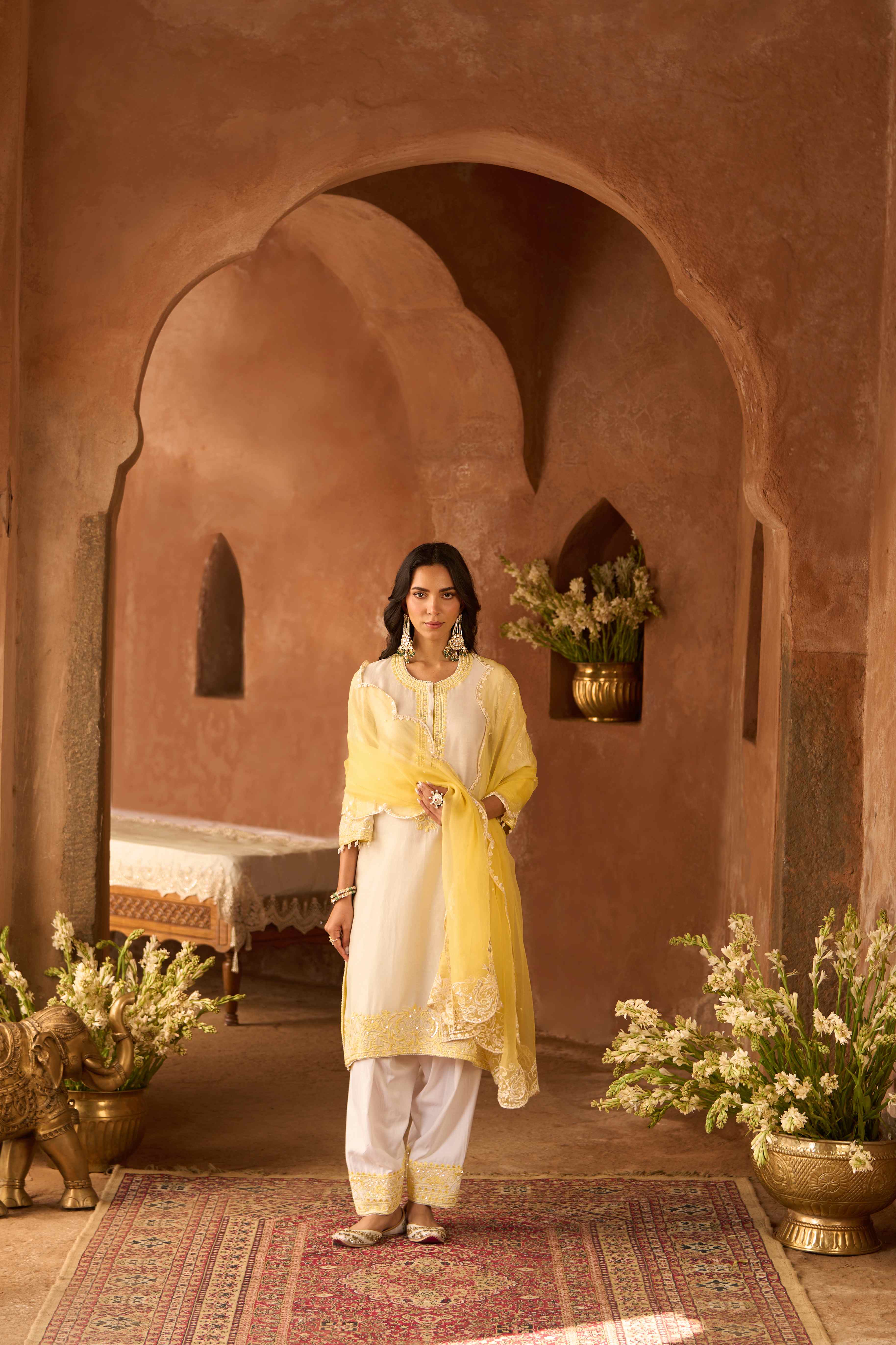 ANAM - DAISY IVORY WITH LEMON YELLOW A-LINE KURTA WITH SALWAR AND DUPATTA