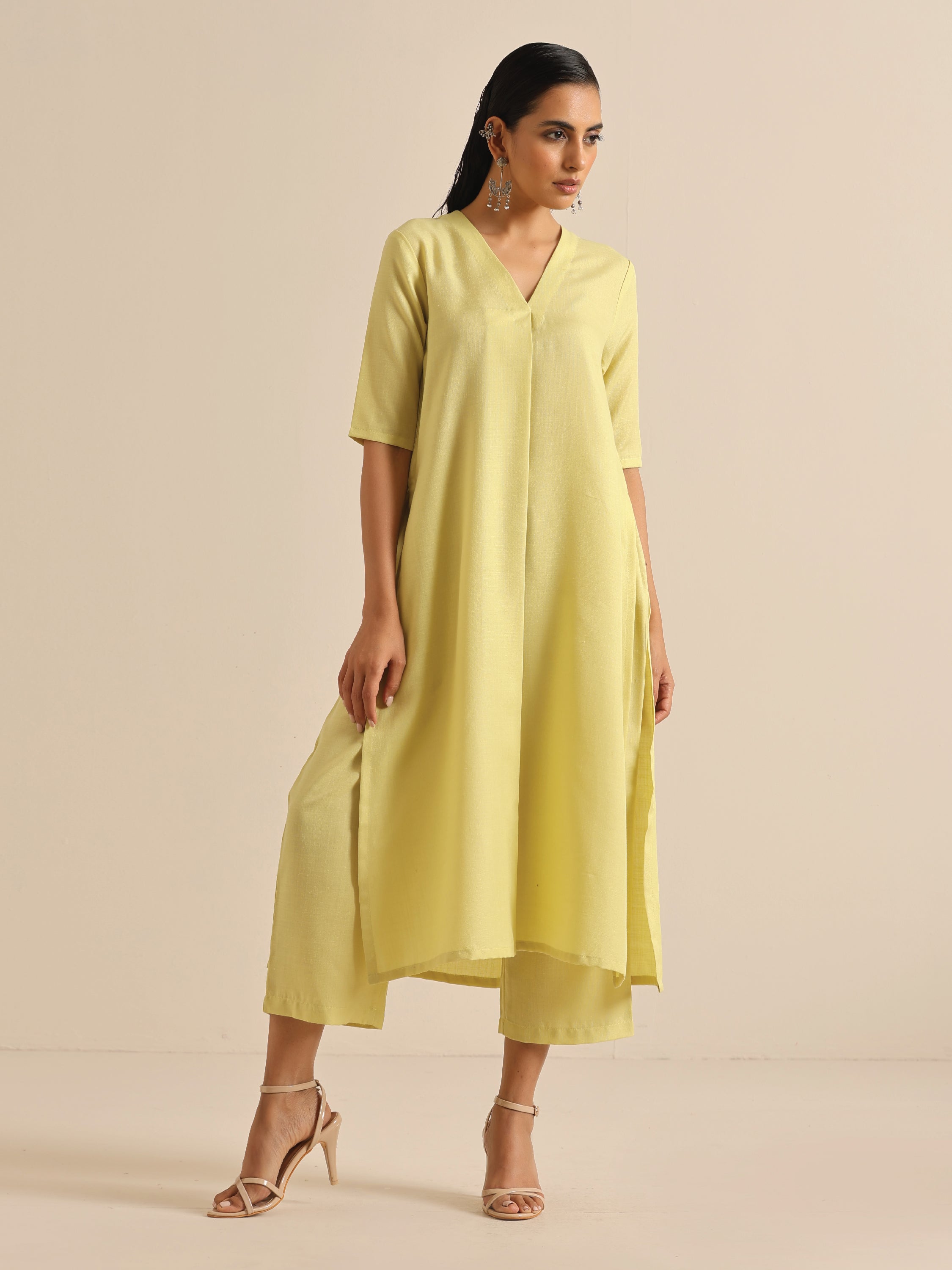 Spark Green Slub High Slit Kurta Pant Set