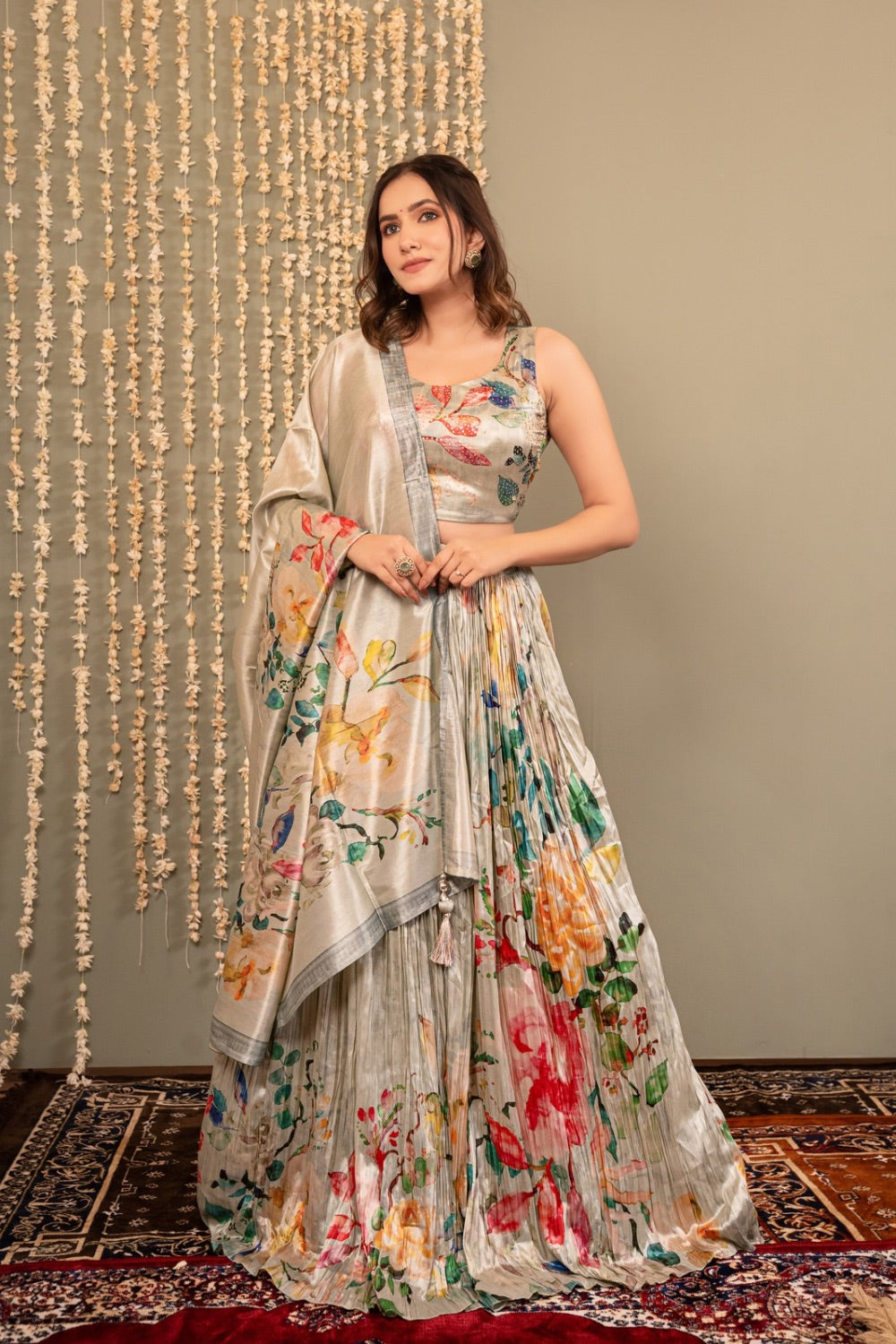 Beige crepe silk lehenga choli with printed work