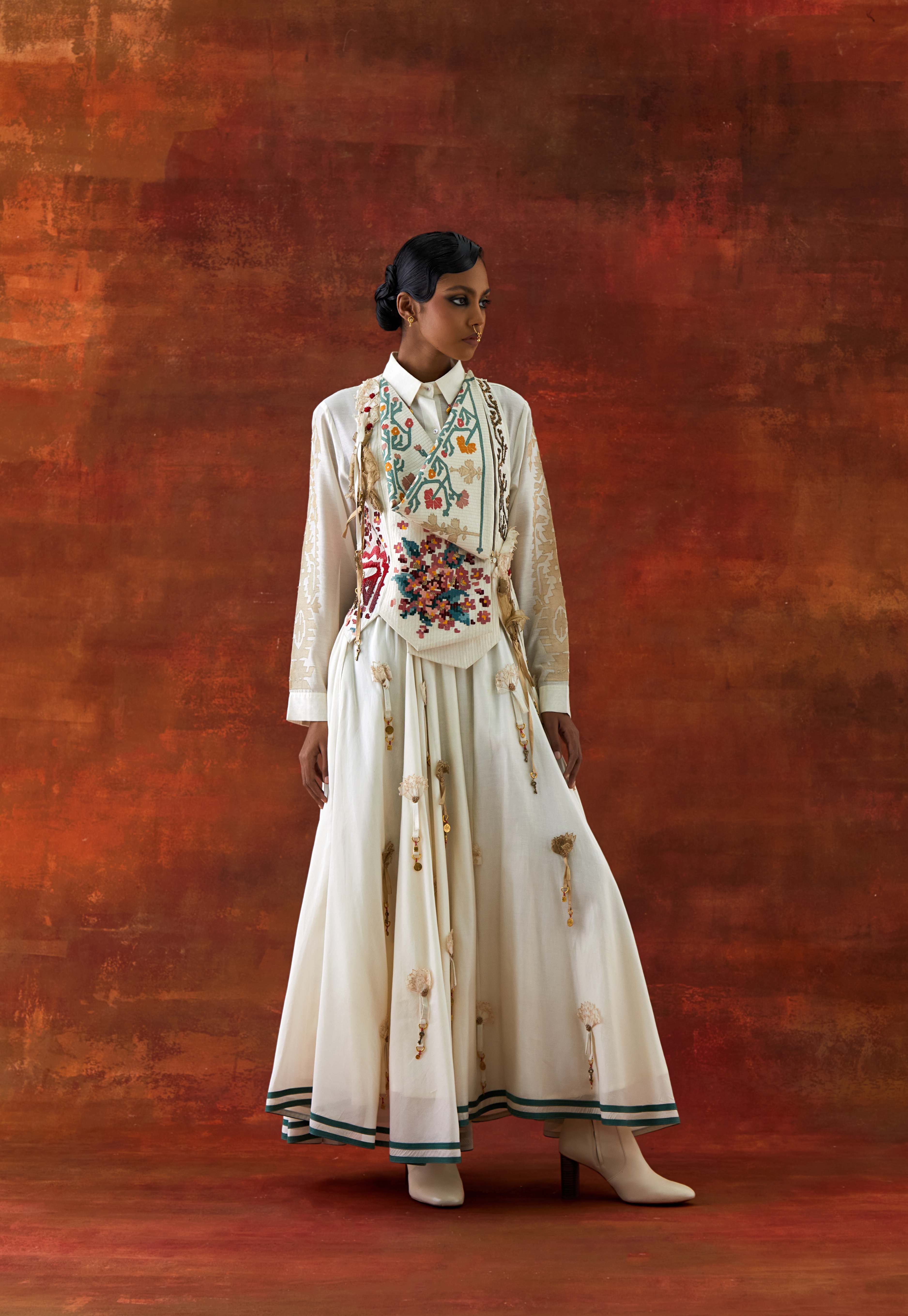 EMB ENGINEERED COWL RACER BACK JACKET + SHIRT WITH EMB BOOTA SLEEVES AND 3D FLOWER SKIRT - image 1