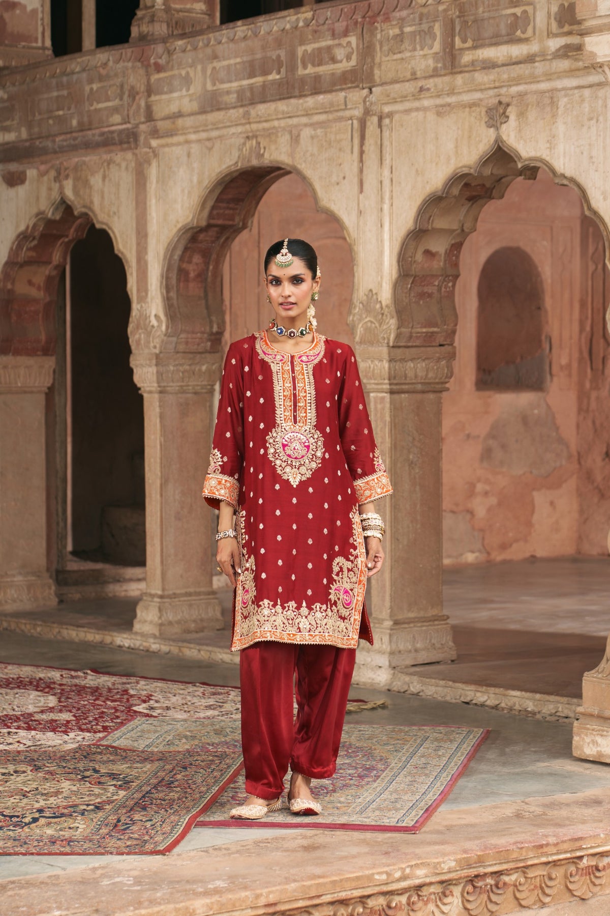 Deep Red Silk Chanderi Kurta Salwar Set for Festive Wear