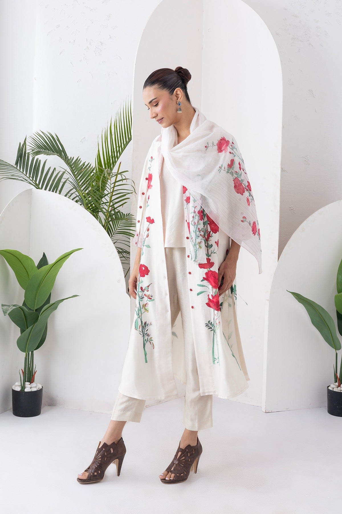 Ivory Silk Chanderi Front Open Printed Dress Set (3 PCS)
