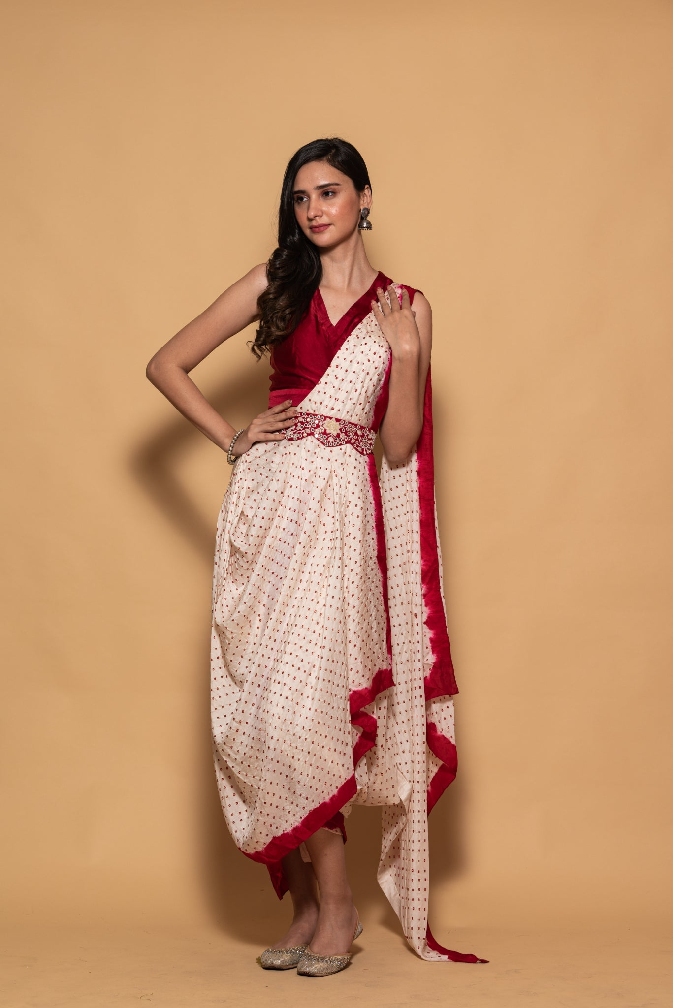 Black red bandhni drape saree