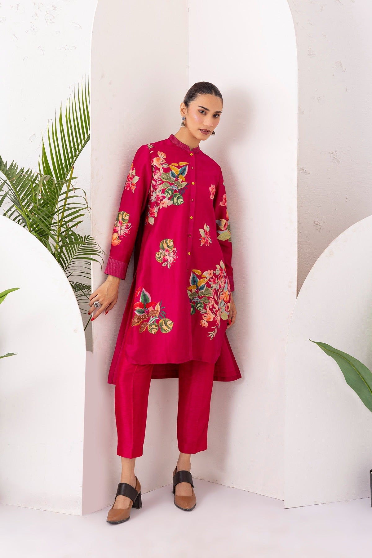 Hot Pink Silk Chanderi Printed Shirt Style Tunic Set (2 PCS)