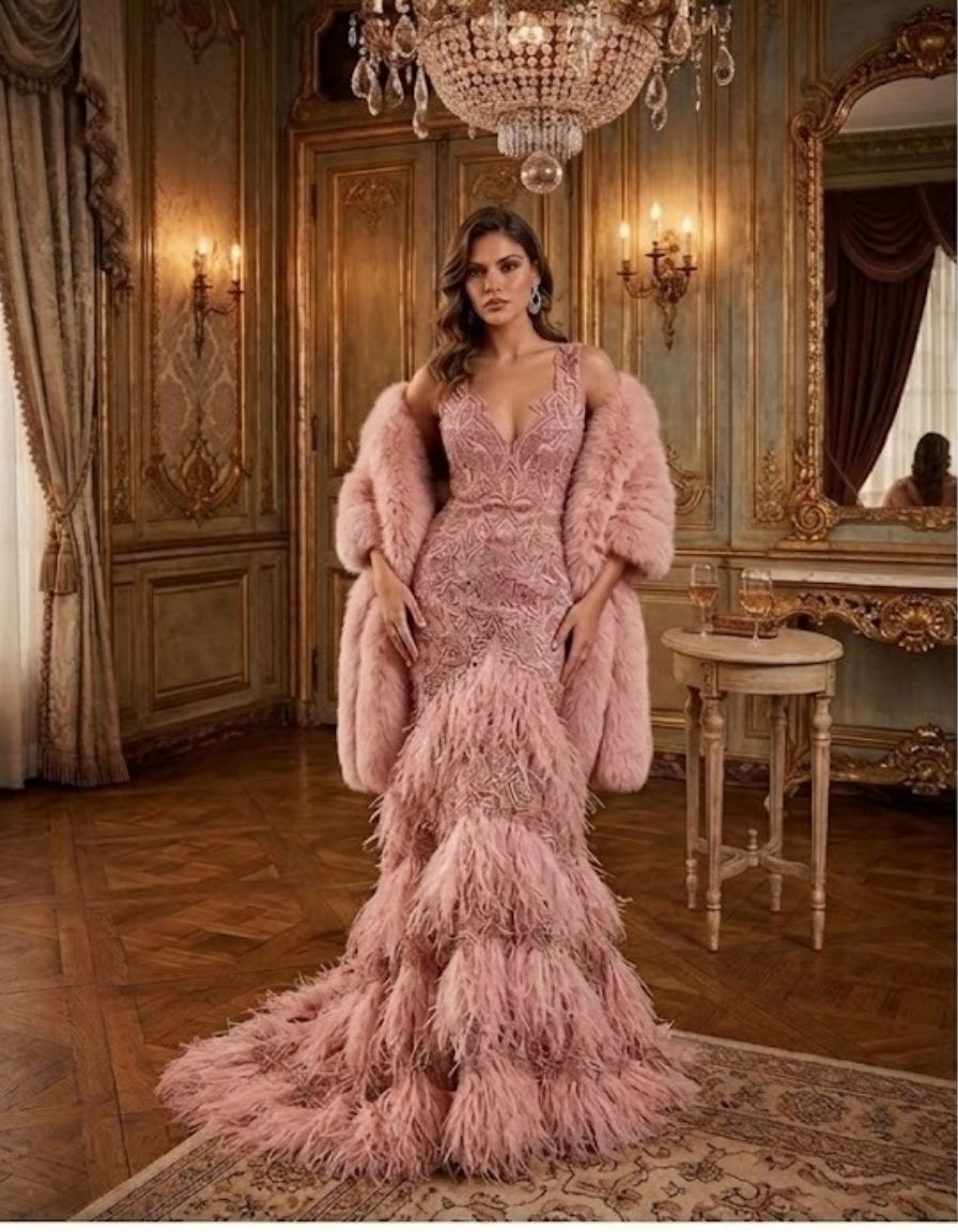 feather embroidery gown