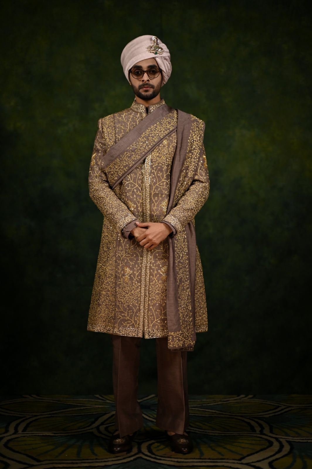 mouse tilla work sherwani set ((forest)