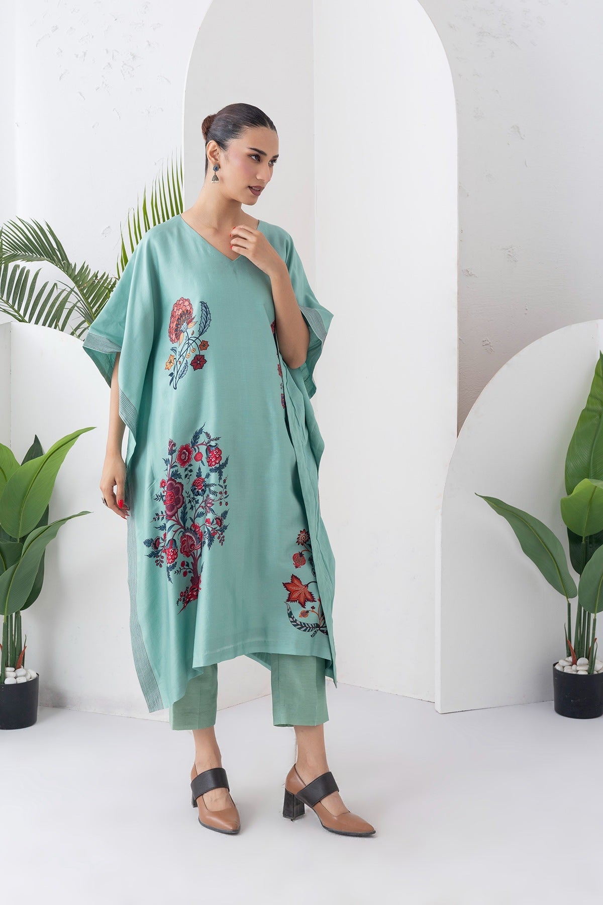 Mint Silk Chanderi Chintz Printed Kaftan Set (2 PCS)