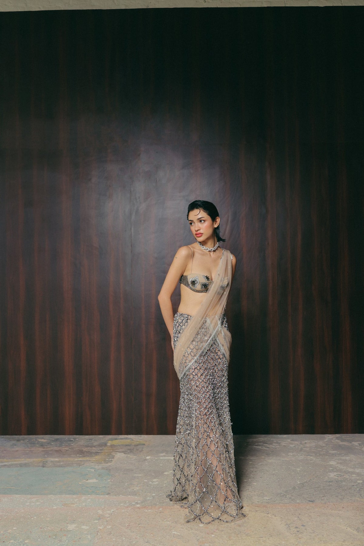 Zardosi & Bugle Bead Embroidery, Stretch Tulle & Silk with French Lace, Saree Set, Blouse Silhouette