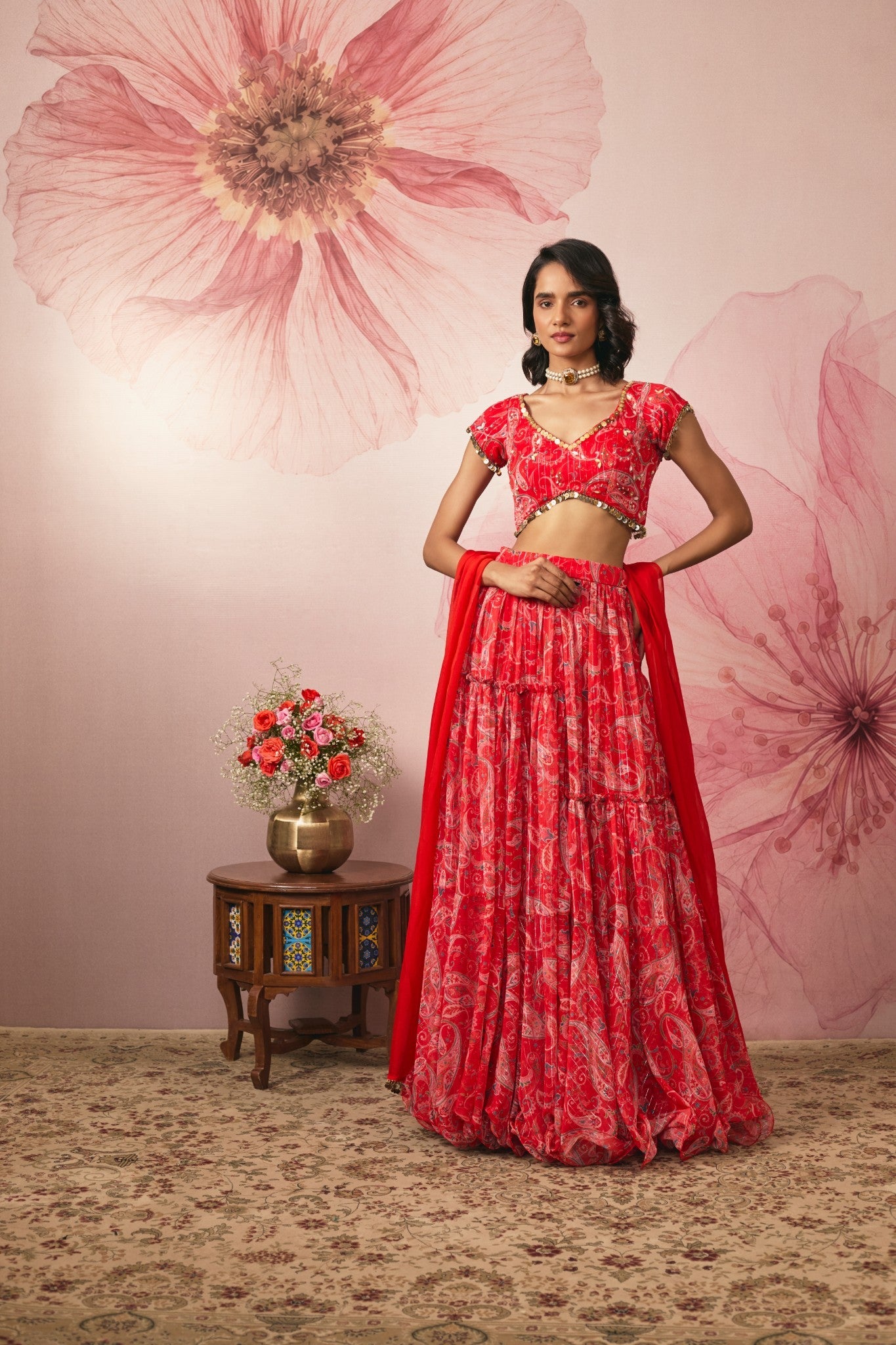 RED PAISLEY PRINTED LEHENGA SET