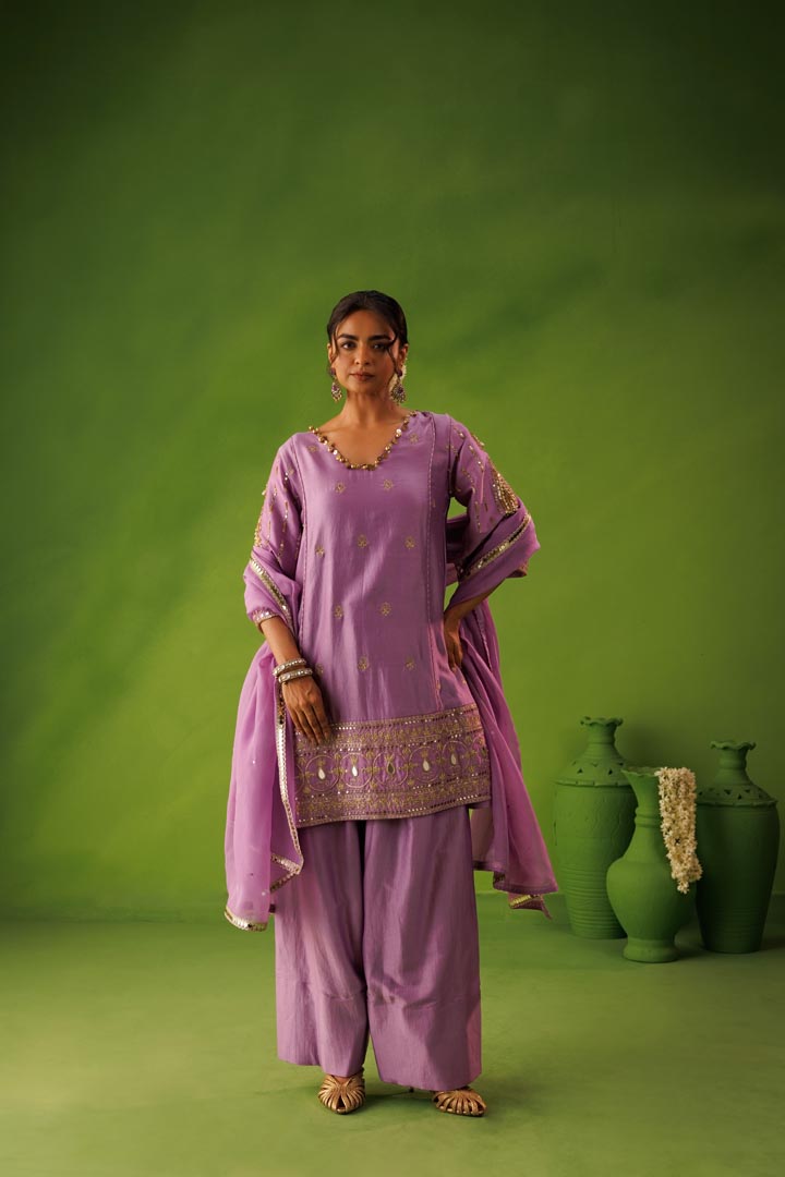 Purple A- line mirror work farshi salwar  set