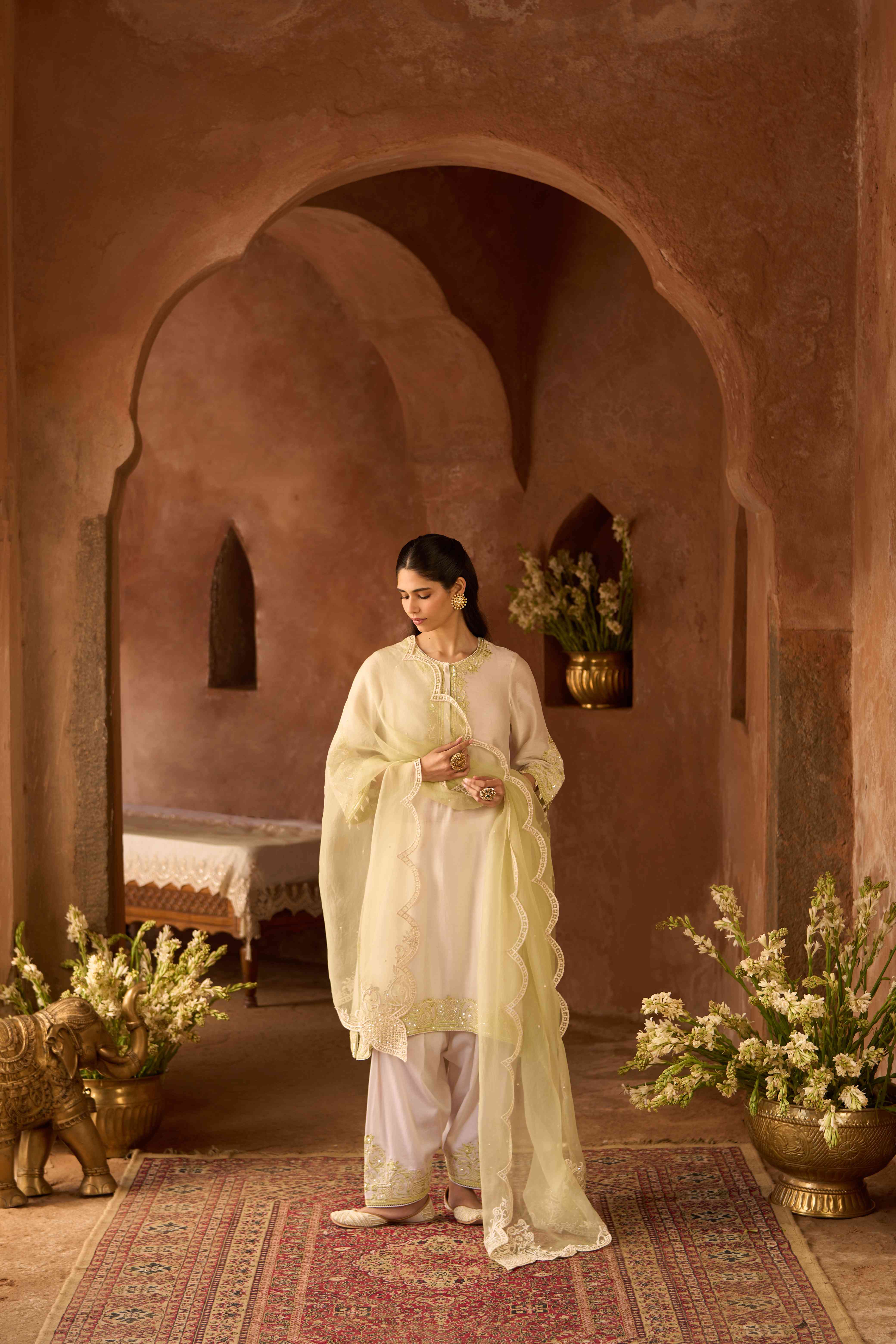 HANI - DAISY IVORY WITH MINT GREEN A-LINE KURTA WITH SALWAR AND DUPATTA