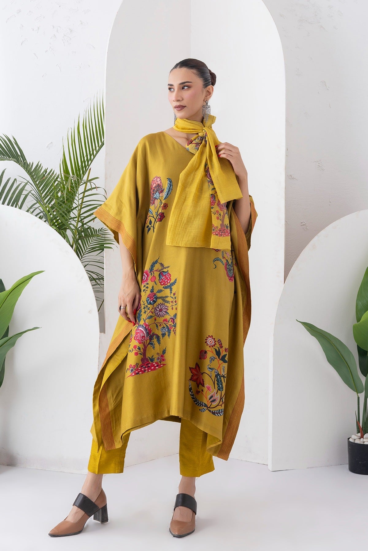 Mustard Silk Chanderi Chintz Printed Kaftan Set (2 PCS)
