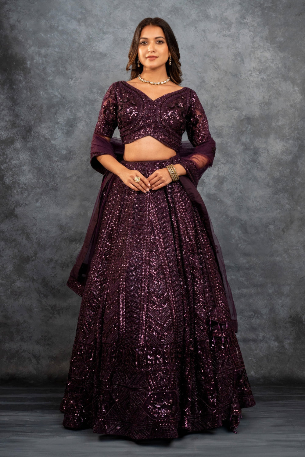 Wine net lehenga choli with sequins, hand cut dana and dori work