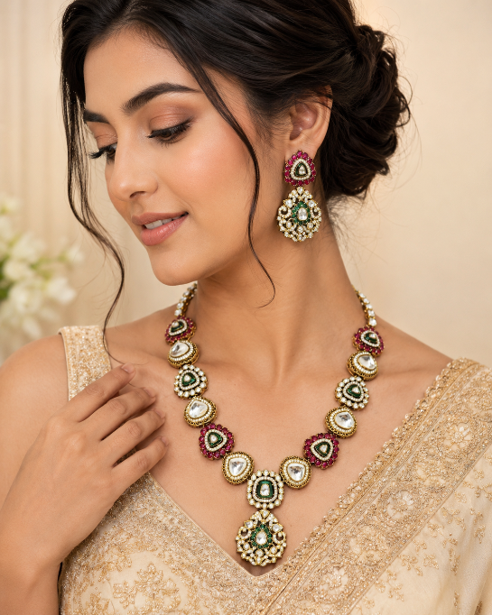 Royal Moissanite Polki Necklace Set with Emerald & Ruby Accents