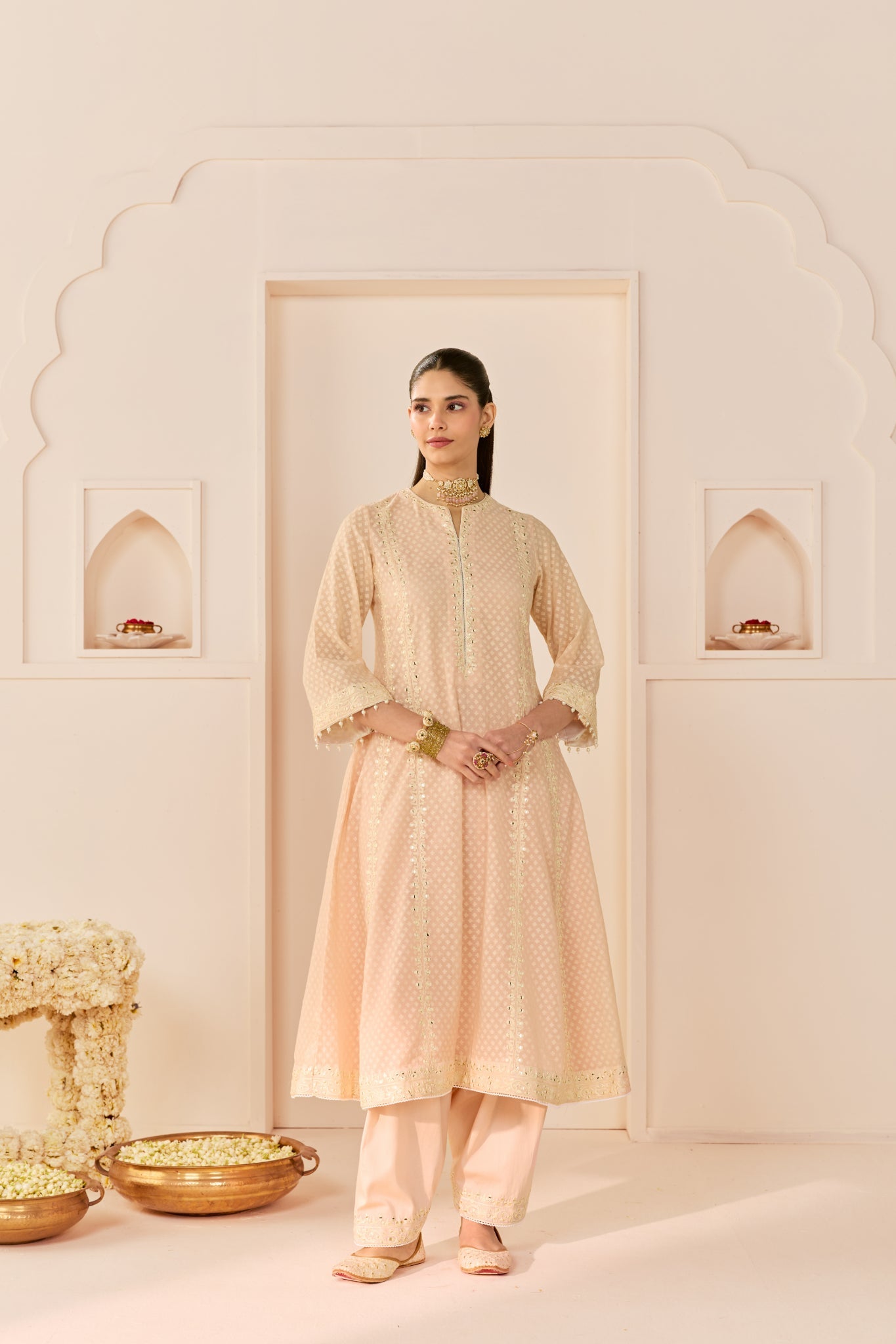 FIRDAUS - CARNATION PINK LONG KALIDAAR CHAUGA WITH DOGRI SALWAR AND DUPATTA