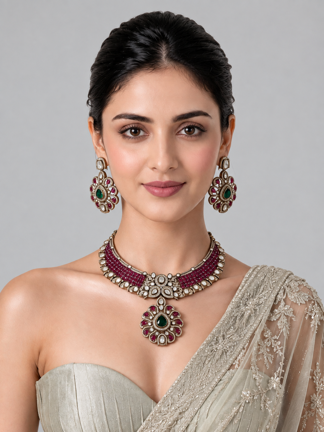 Ruby Green Stone Statement Necklace Set