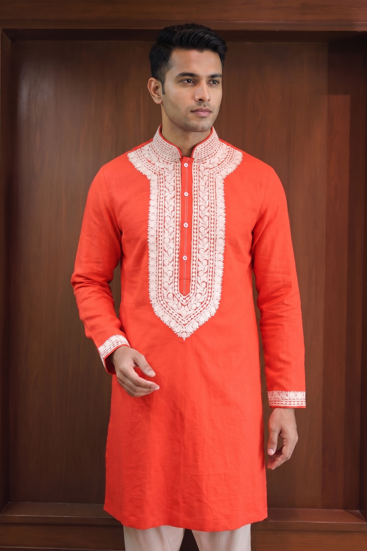 Red Threadwork Embroidered Silk Kurta