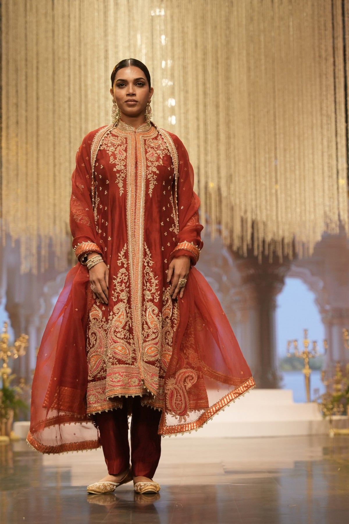 Minara - Deep Red Long A-line Jacket with Pant and Dupatta