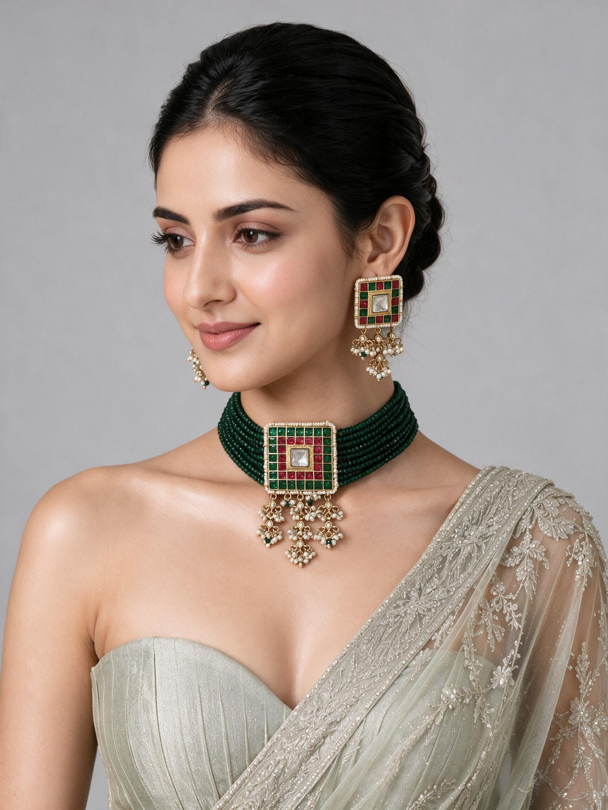 Green Beaded Square Choker Necklace Set