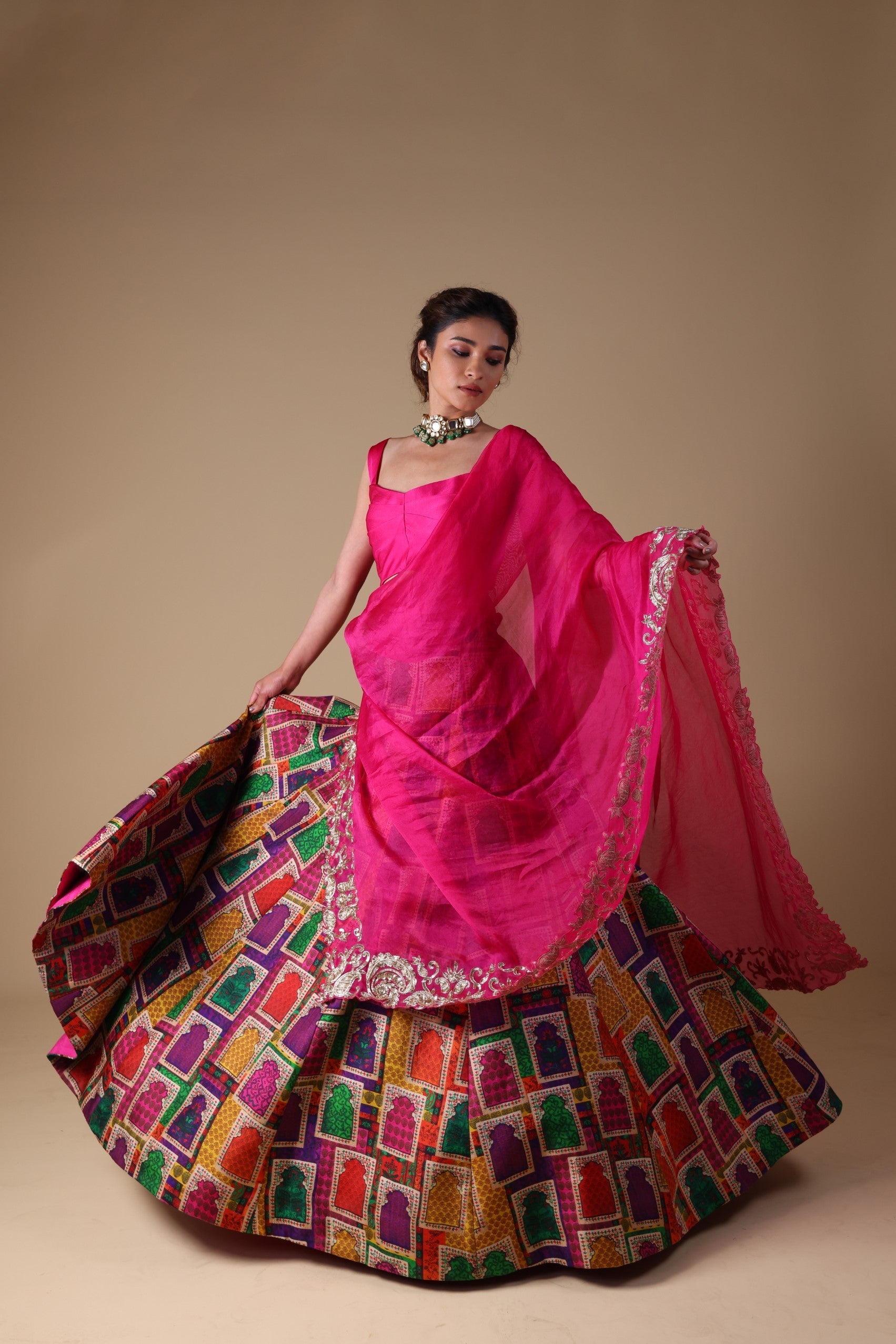 Hand-Embroidered zardosi work Dupatta with lehenga and blouse