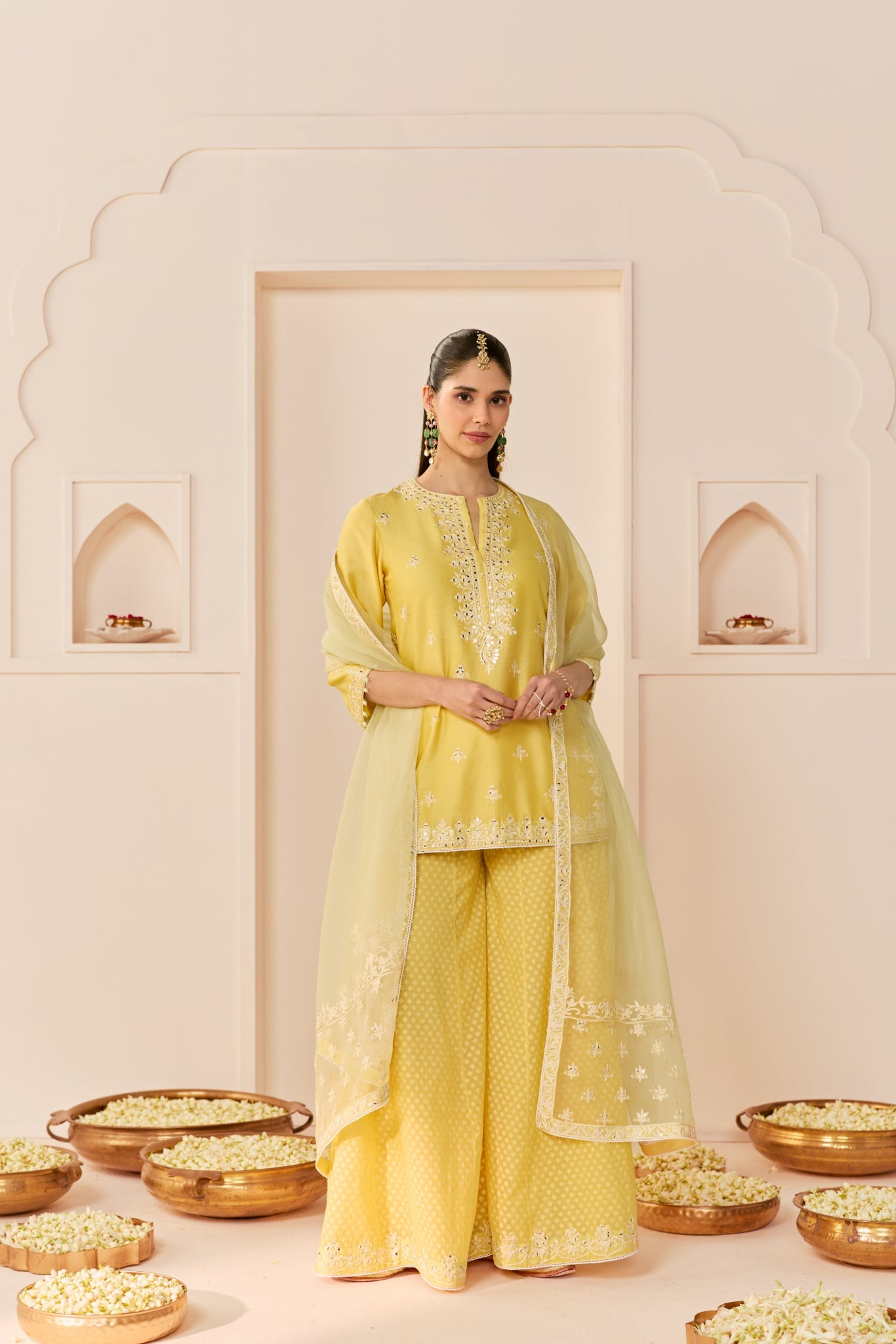 REHMA - LEMON YELLOW SHORT KURTA WITH SHARARA AND DUPATTA