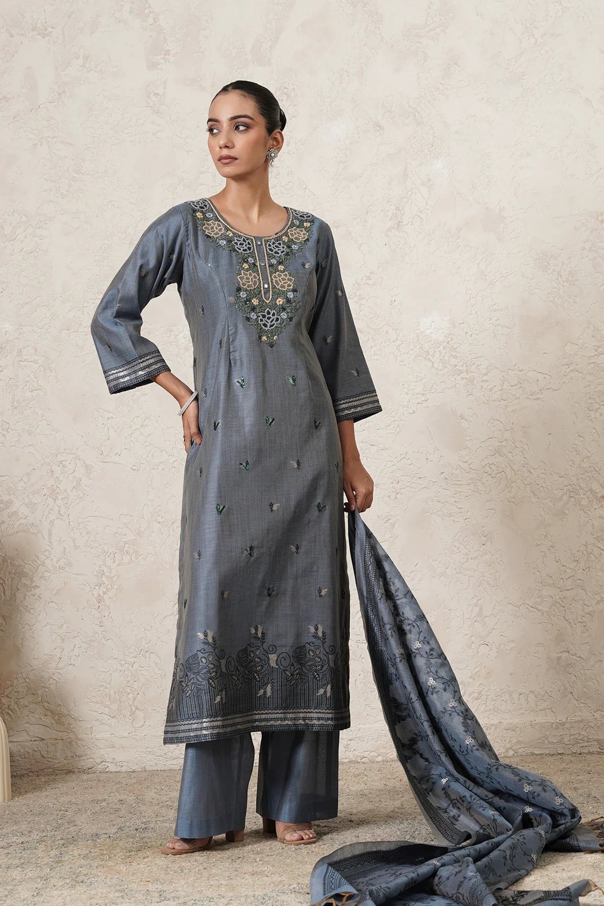 Parwaaz Hand-Embroidered Kurta Set with Pants & Dupatta | Slate Blue | Chanderi & Satin | Women | THETAA