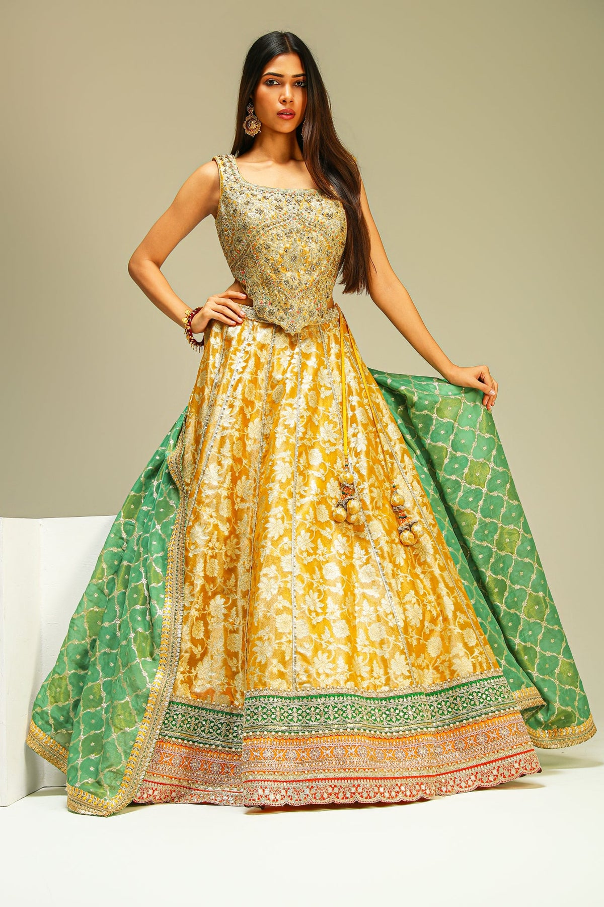 Mustard & Green Pure Banarasi Lehenga Set with Dupatta & Potli