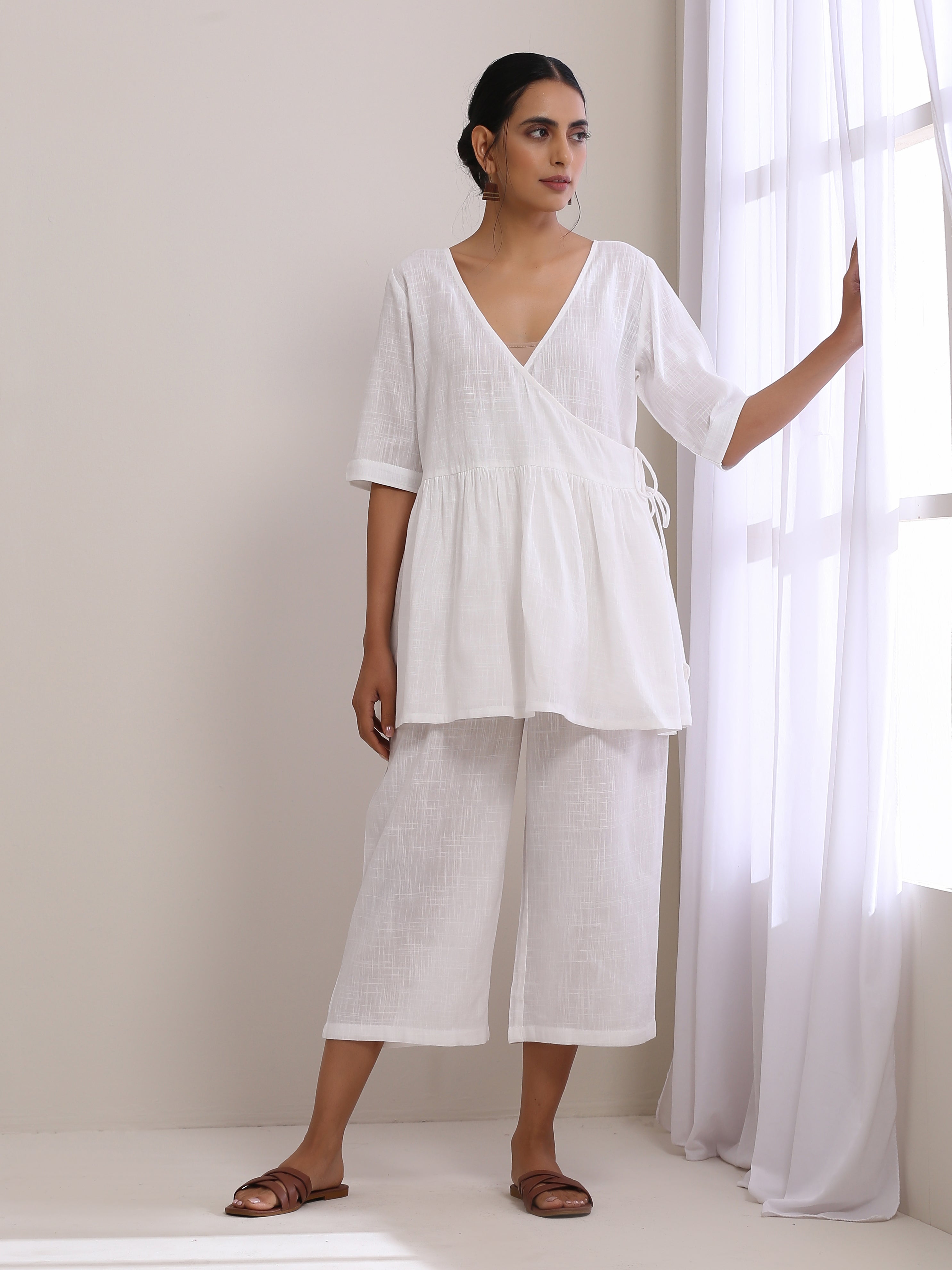 White Slub Texture Short Angrakha Co-Ord Set